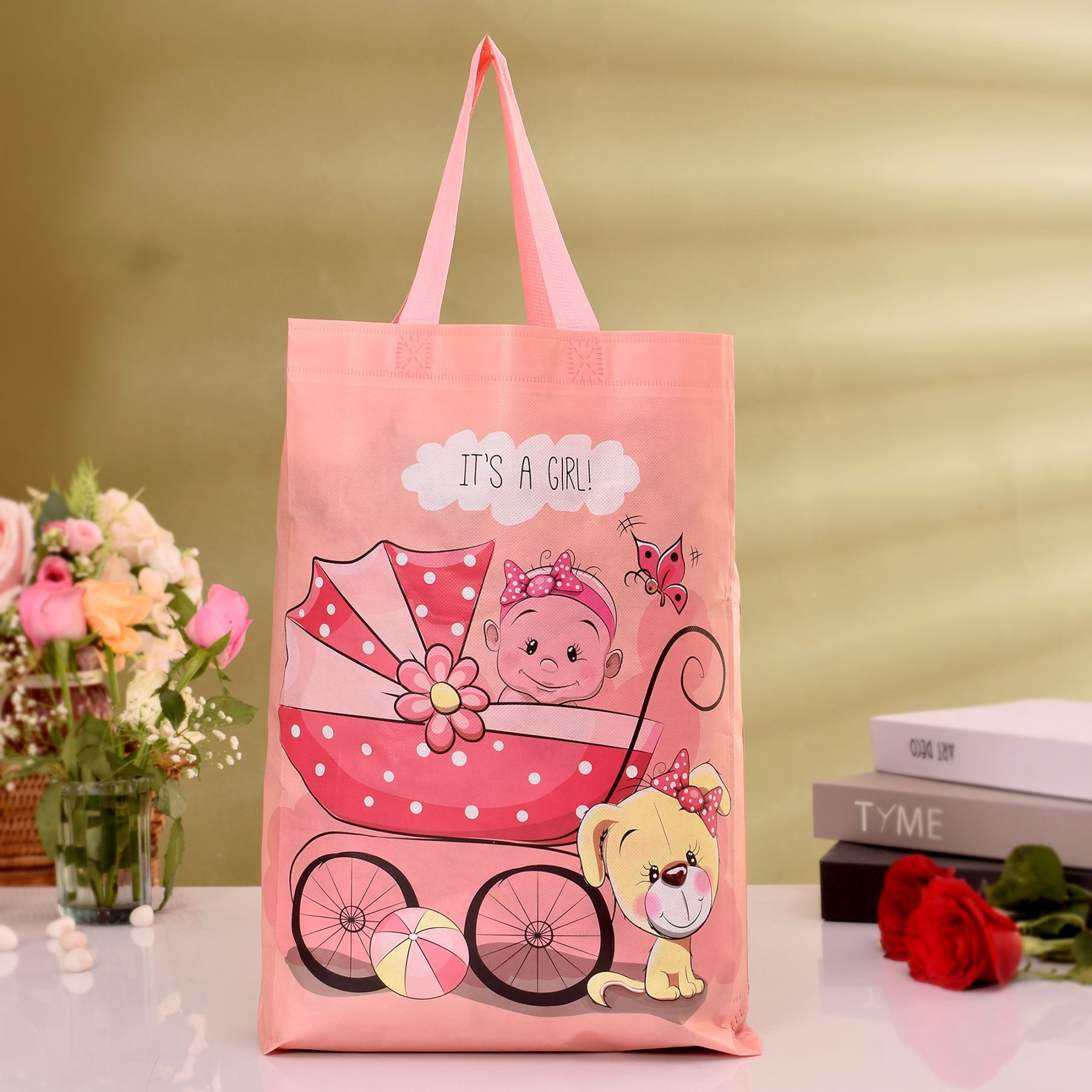 Kuber Industries Shopping Bag | Non-Woven Gift Bag | Baby Shower Bag | Reusable Grocery Bag | Christmas Gift Bags | Tote Bags with Handle | Girl-Print Hand Bag |Peach