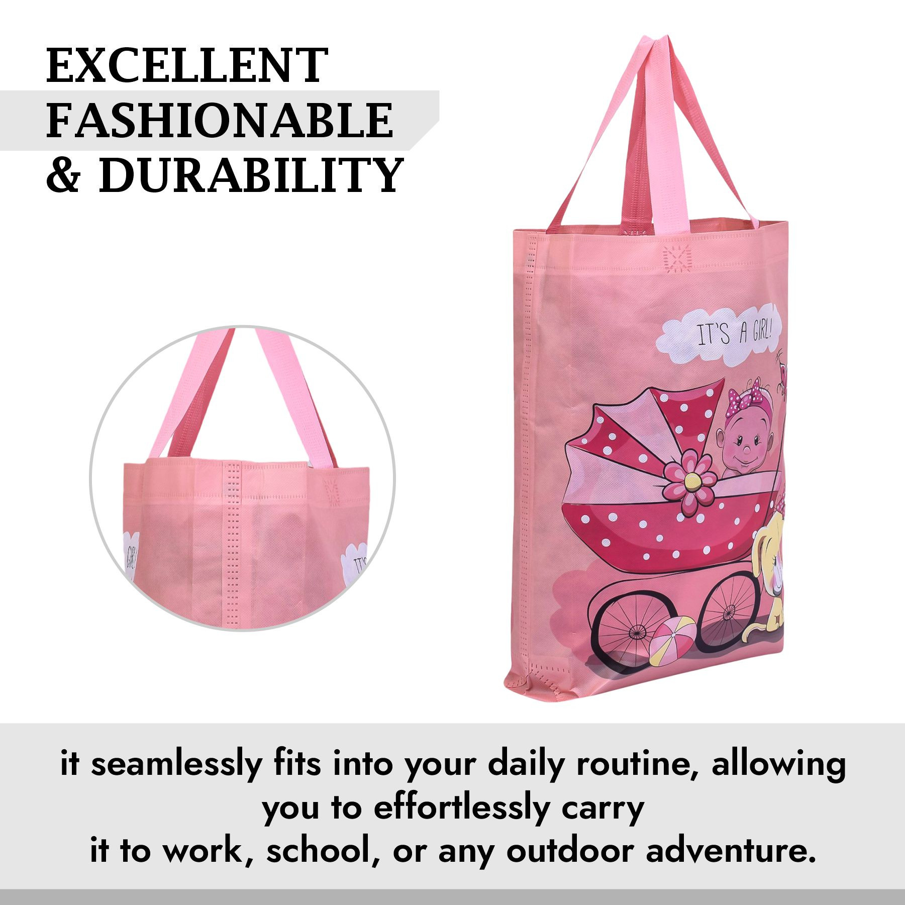 Kuber Industries Shopping Bag | Non-Woven Gift Bag | Baby Shower Bag | Reusable Grocery Bag | Christmas Gift Bags | Tote Bags with Handle | Girl-Print Hand Bag |Peach