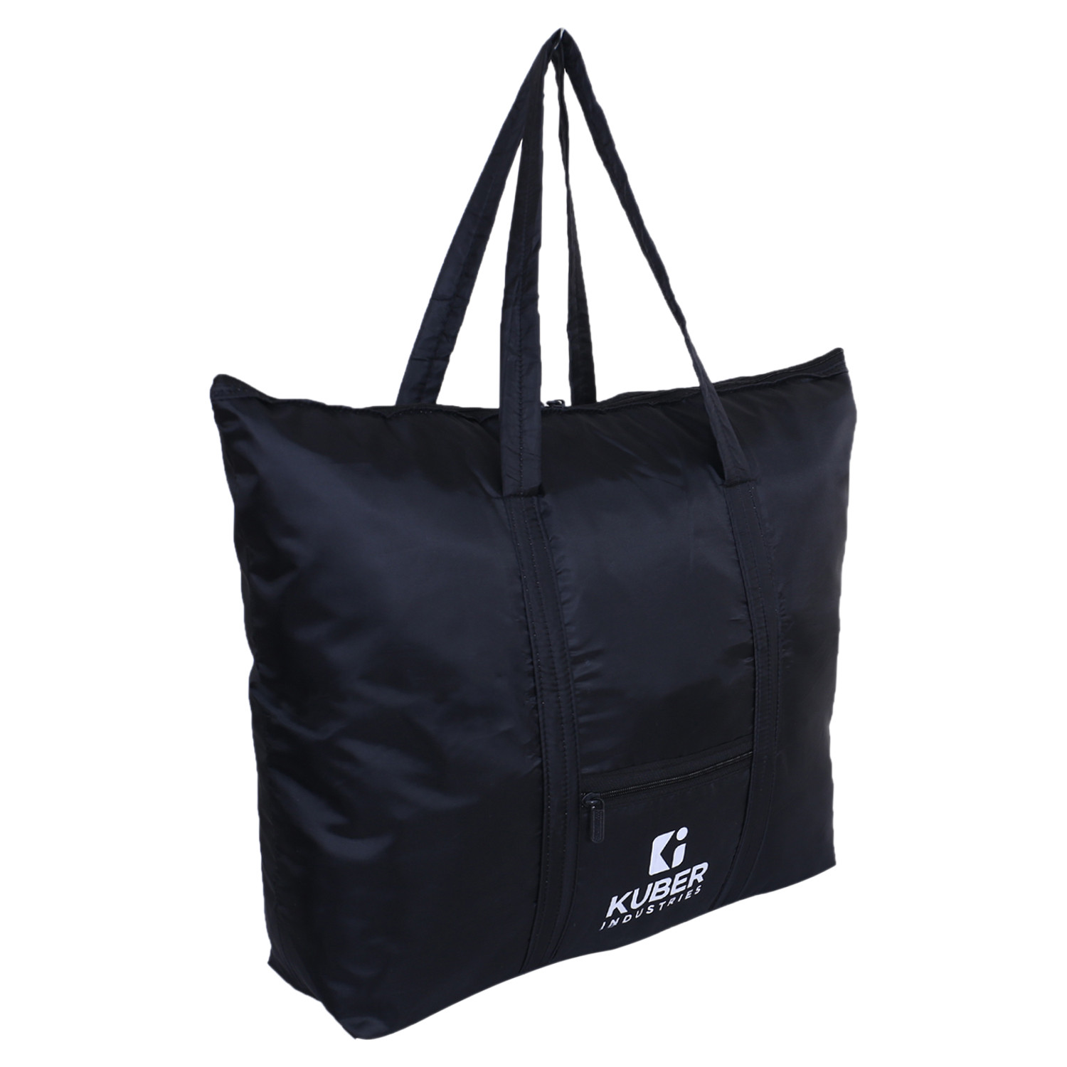 Kuber Industries Shopping Bag|Folding Travel Bag|Polyester Shopping Bag for Grocery|Carrying Bag With Front Small Pocket (Black)