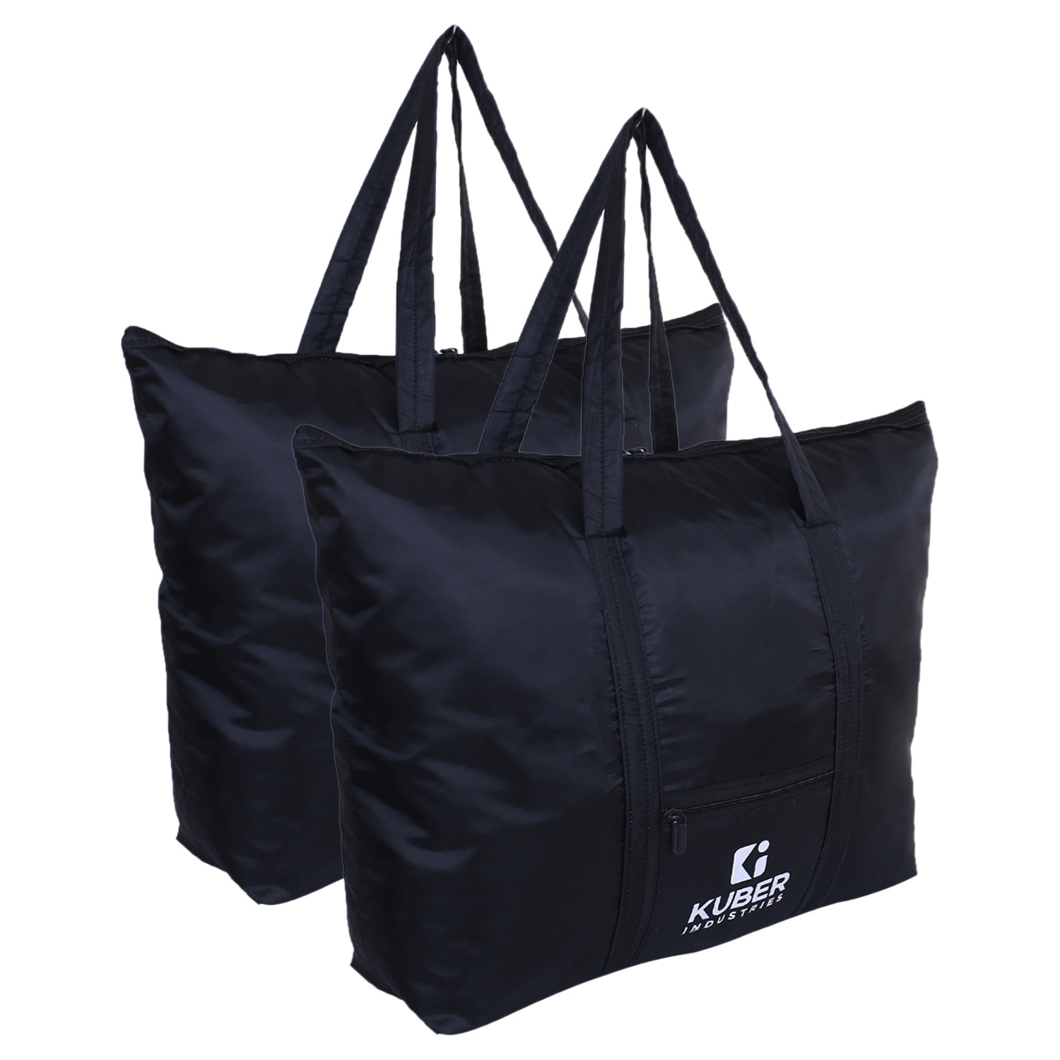 Kuber Industries Shopping Bag|Folding Travel Bag|Polyester Shopping Bag for Grocery|Carrying Bag With Front Small Pocket (Black)