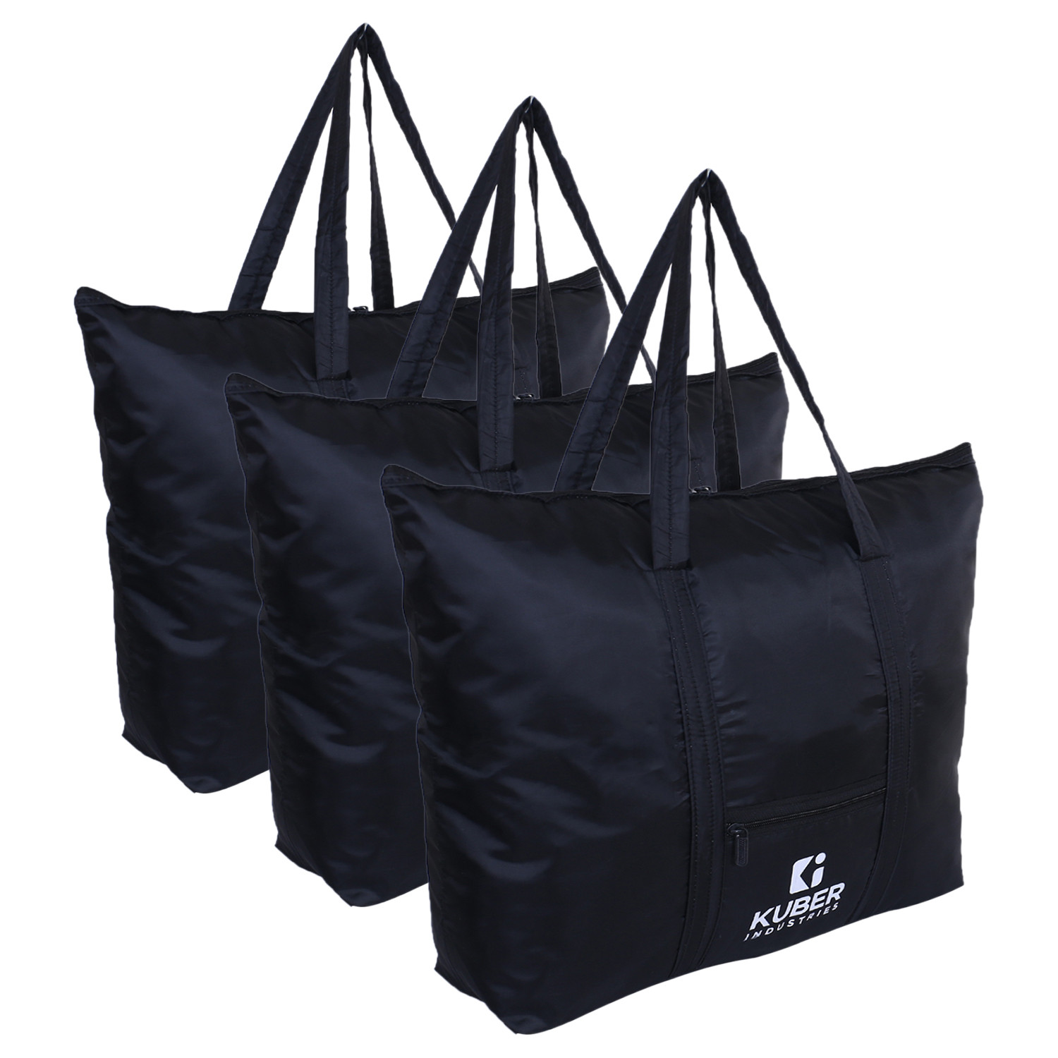 Kuber Industries Shopping Bag|Folding Travel Bag|Polyester Shopping Bag for Grocery|Carrying Bag With Front Small Pocket (Black)