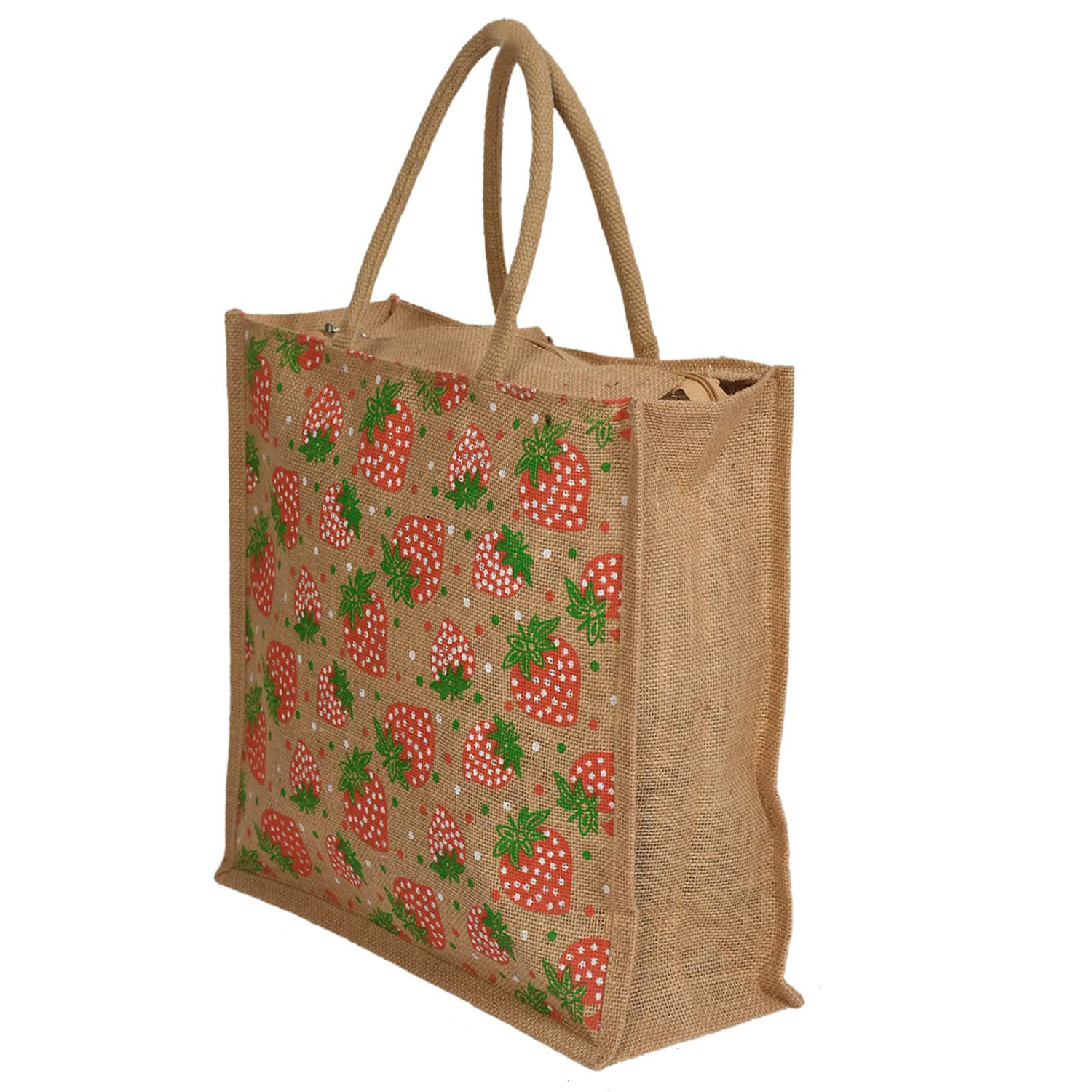 Kuber Industries Shopping Bag|Jute Eco-Friendly & Reusable Grocery Bag|Hand Bag Strawberry Print With Zip & Handle for Daily Use|16x15 Inch (Brown)