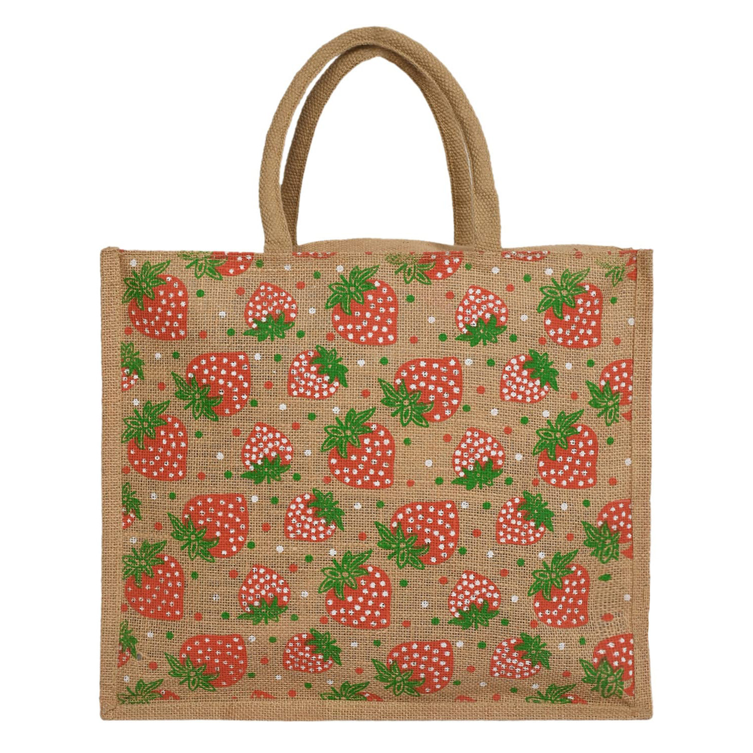 Kuber Industries Shopping Bag|Jute Eco-Friendly & Reusable Grocery Bag|Hand Bag Strawberry Print With Zip & Handle for Daily Use|16x15 Inch (Brown)