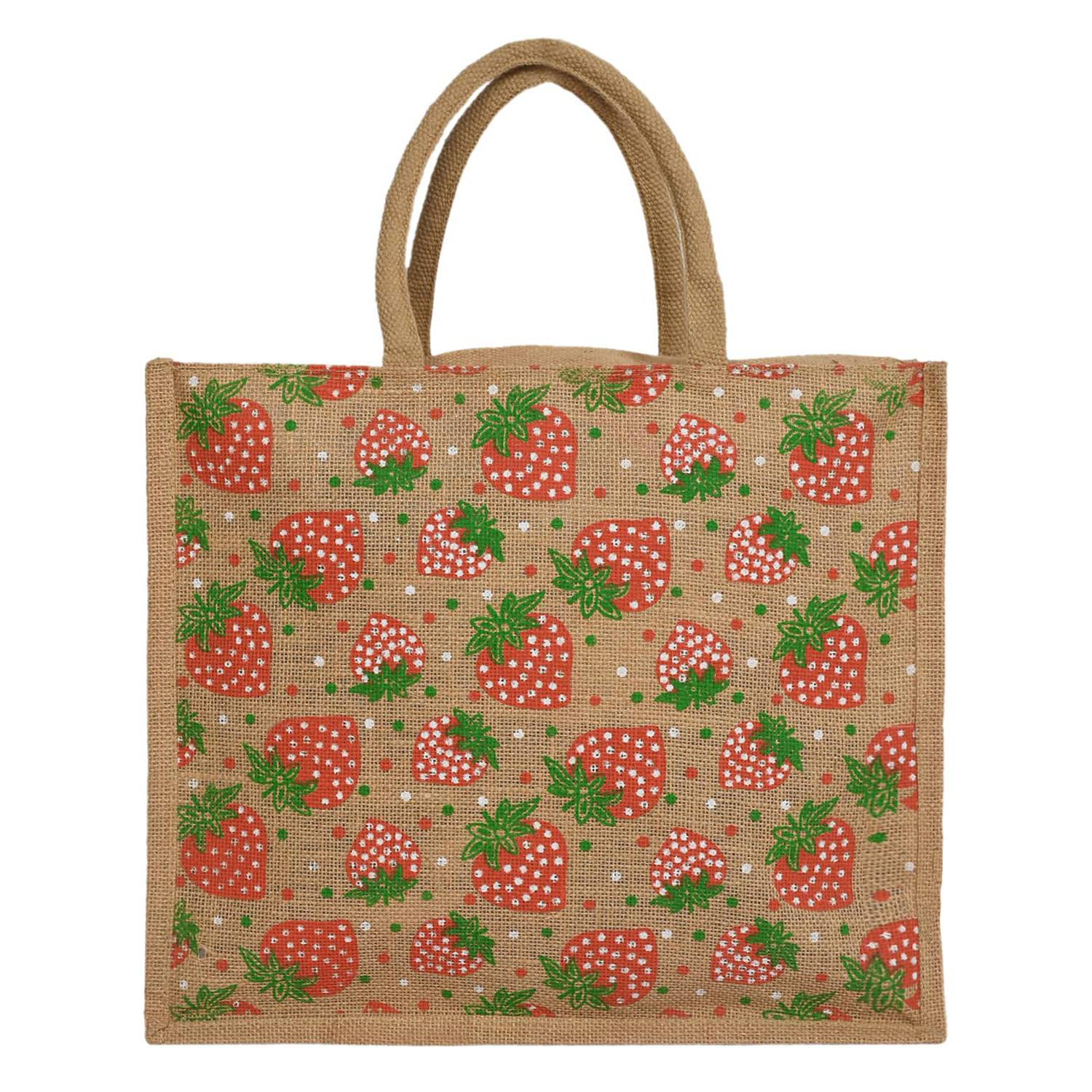 Kuber Industries Shopping Bag|Jute Eco-Friendly & Reusable Grocery Bag|Hand Bag Strawberry Print With Zip & Handle for Daily Use|16x15 Inch (Brown)