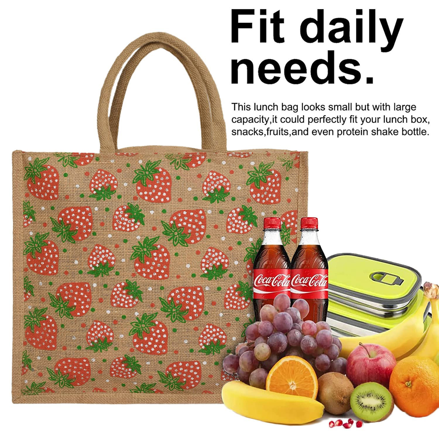 Kuber Industries Shopping Bag|Jute Eco-Friendly & Reusable Grocery Bag|Hand Bag Strawberry Print With Zip & Handle for Daily Use|16x15 Inch (Brown)