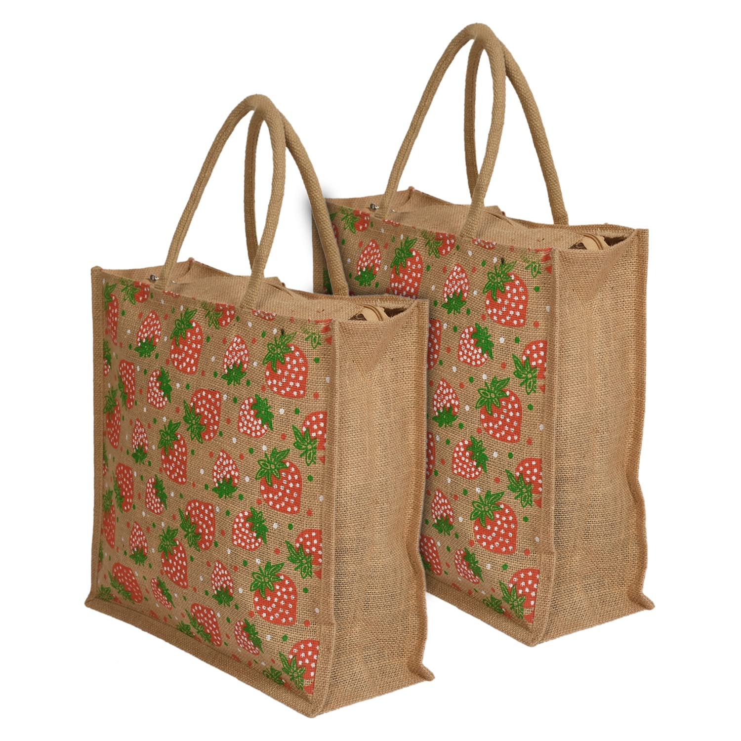 Kuber Industries Shopping Bag|Jute Eco-Friendly & Reusable Grocery Bag|Hand Bag Strawberry Print With Zip & Handle for Daily Use|16x15 Inch (Brown)