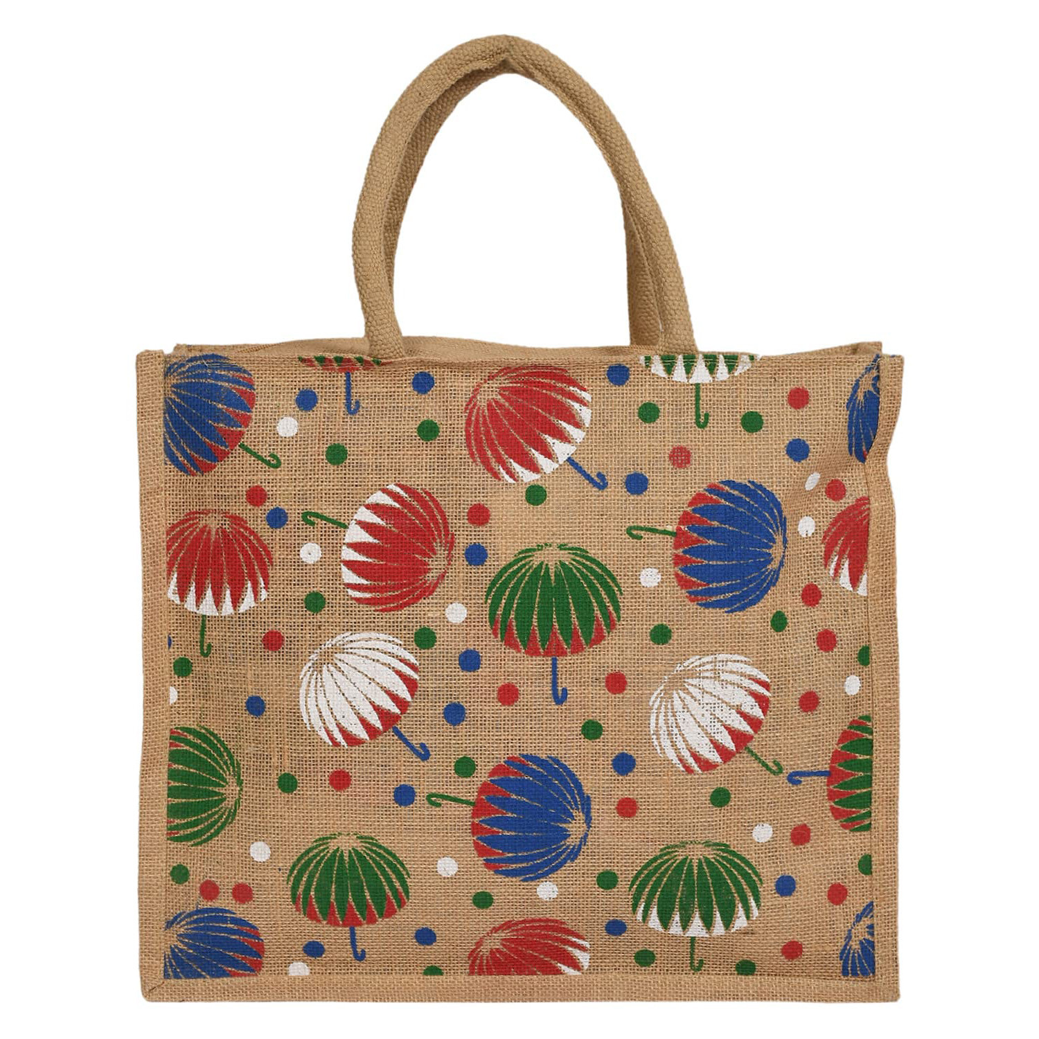 Kuber Industries Shopping Bag|Jute Eco-Friendly & Reusable Grocery Bag|Hand Bag Umbrella Print With Zip & Handle for Daily Use|16x15 Inch (Brown)