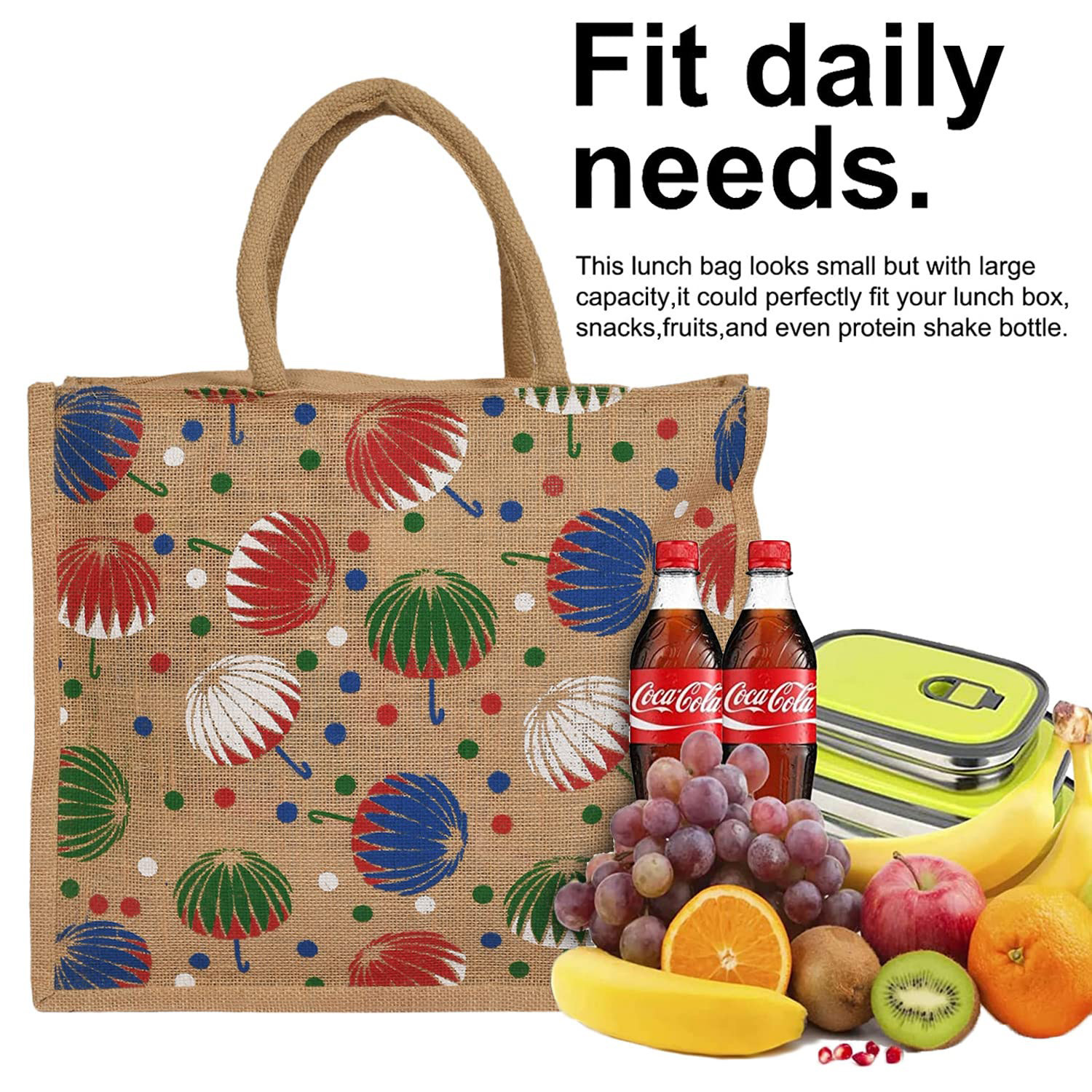 Kuber Industries Shopping Bag|Jute Eco-Friendly & Reusable Grocery Bag|Hand Bag Umbrella Print With Zip & Handle for Daily Use|16x15 Inch (Brown)