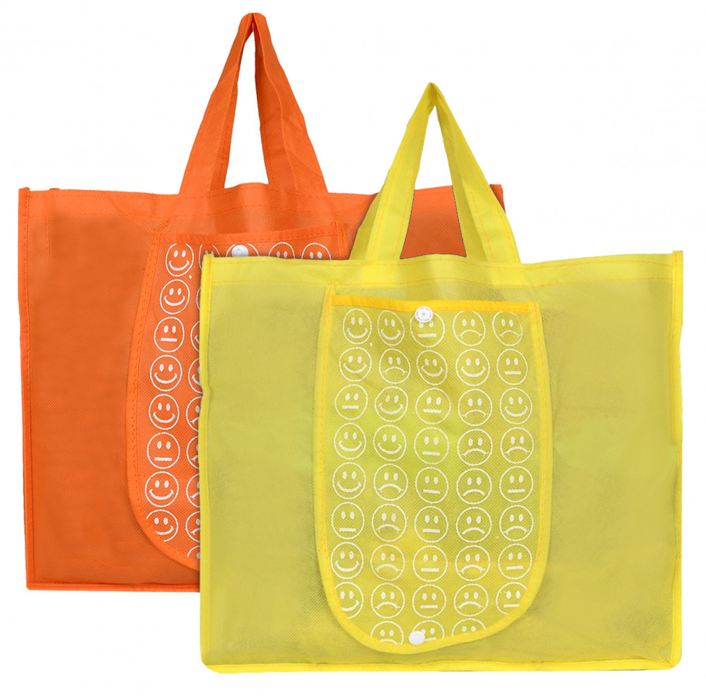 Kuber Industries Shopping Grocery Bags Foldable, Washable Grocery Tote Bag with One Small Pocket, Eco-Friendly Purse Bag Fits in Pocket Waterproof &amp; Lightweight (Orange &amp; Yellow)