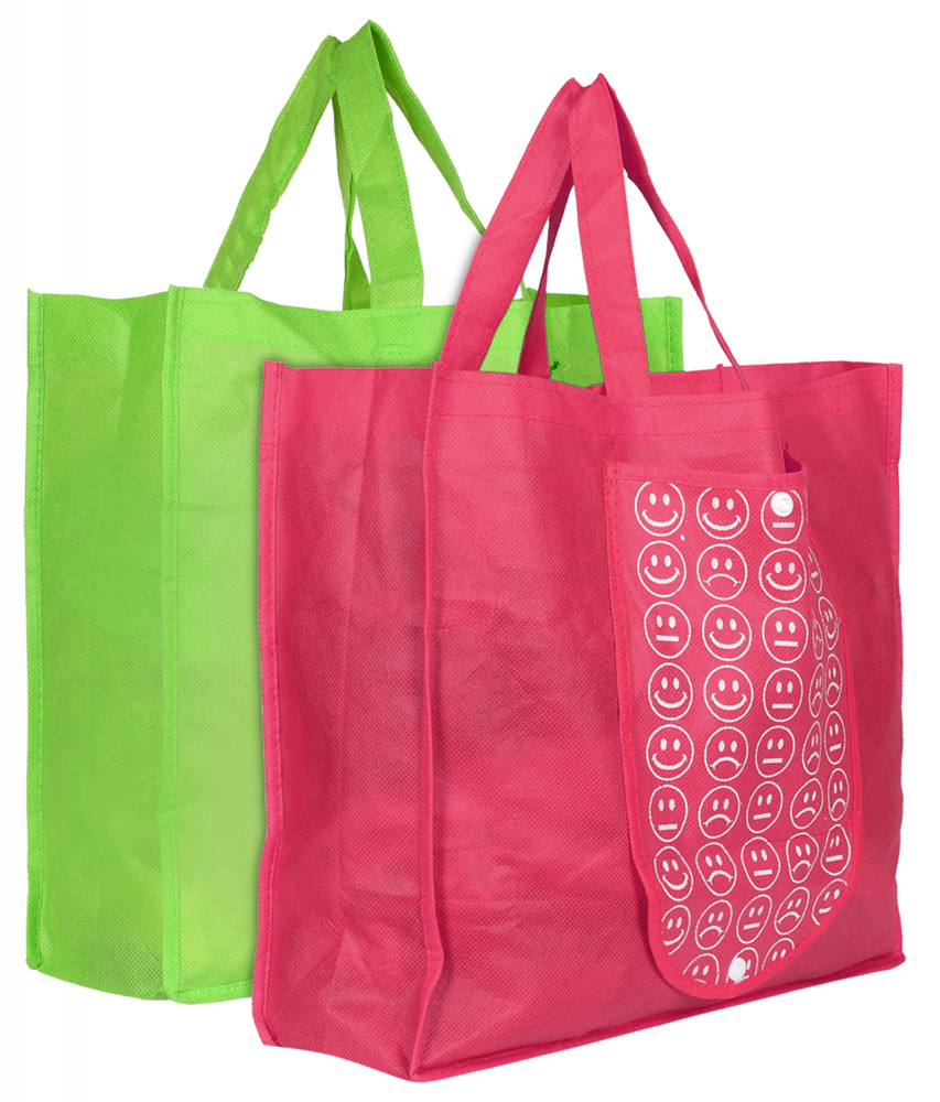 Kuber Industries Shopping Grocery Bags Foldable, Washable Grocery Tote Bag with One Small Pocket, Eco-Friendly Purse Bag Fits in Pocket Waterproof &amp; Lightweight (Green &amp; Pink)