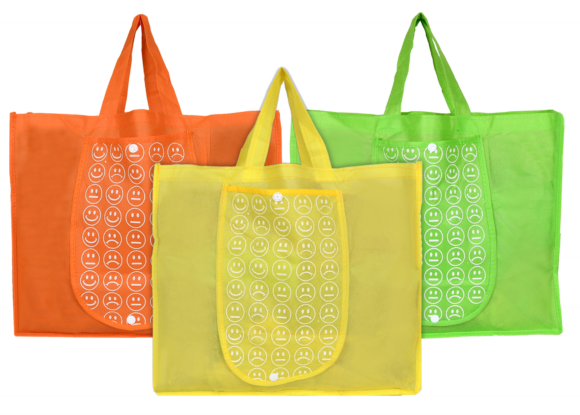 Kuber Industries Shopping Grocery Bags Foldable, Washable Grocery Tote Bag with One Small Pocket, Eco-Friendly Purse Bag Fits in Pocket Waterproof & Lightweight (Orange & Green & Yellow)