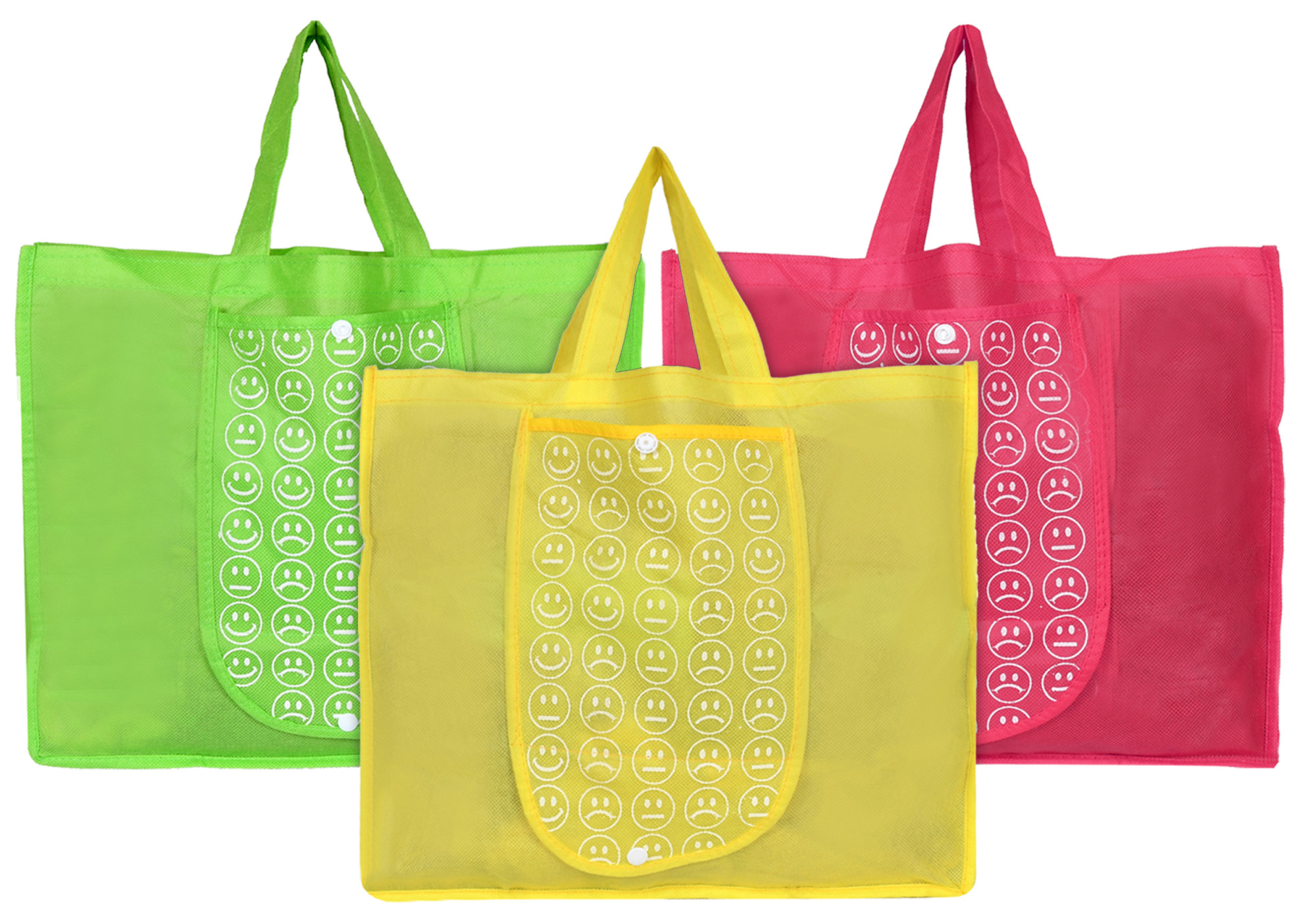 Kuber Industries Shopping Grocery Bags Foldable, Washable Grocery Tote Bag with One Small Pocket, Eco-Friendly Purse Bag Fits in Pocket Waterproof & Lightweight (Green & Pink & Yellow)