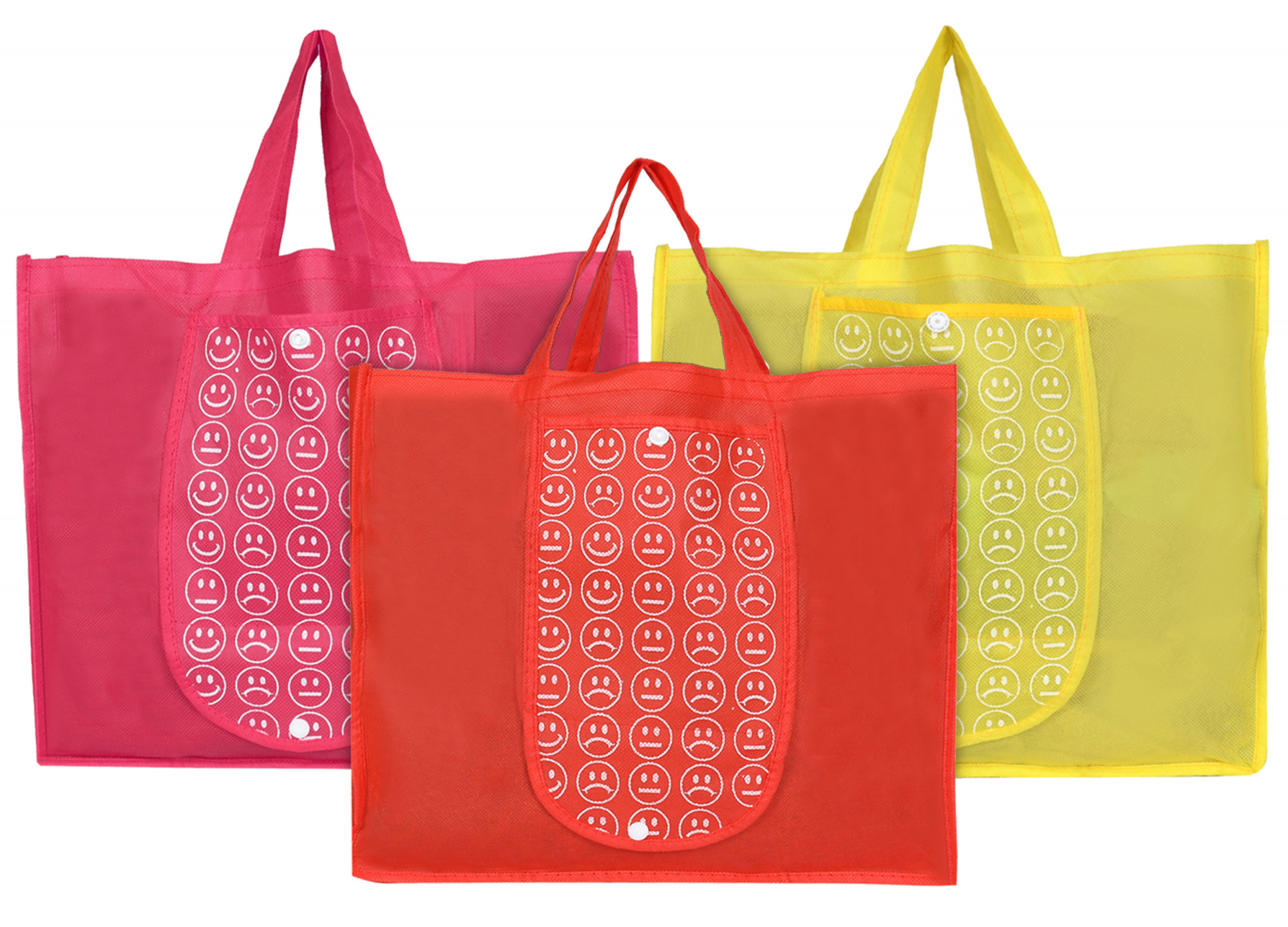 Kuber Industries Shopping Grocery Bags Foldable, Washable Grocery Tote Bag with One Small Pocket, Eco-Friendly Purse Bag Fits in Pocket Waterproof & Lightweight (Pink & Yellow & Red)