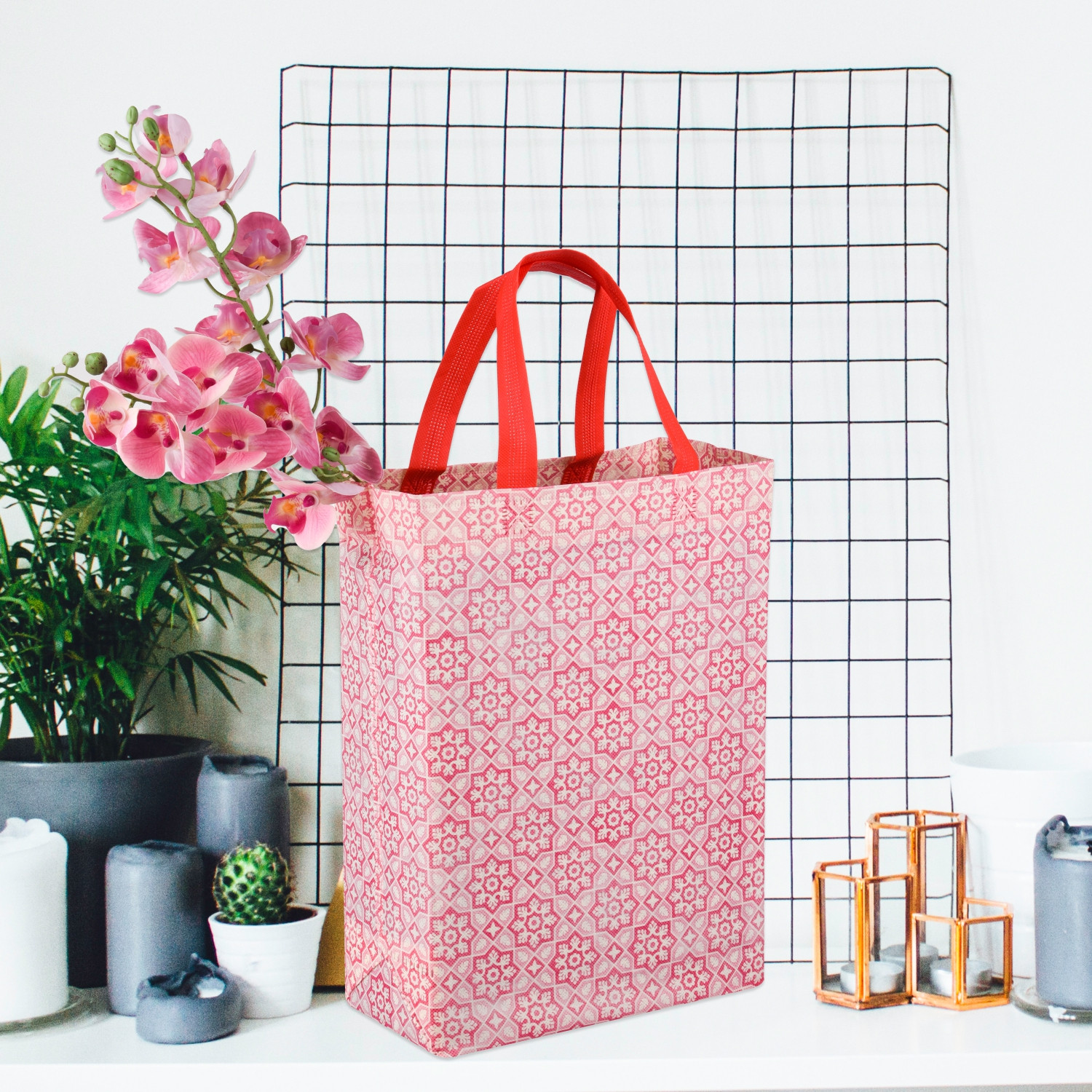 Kuber Industries Shopping Handbag | Grocery Handbag | Shopping Bag | Grocery Shopping Bag | Reusable Shopping Bags | Vegetable Bag | Star-Print Carry Bag |Pink