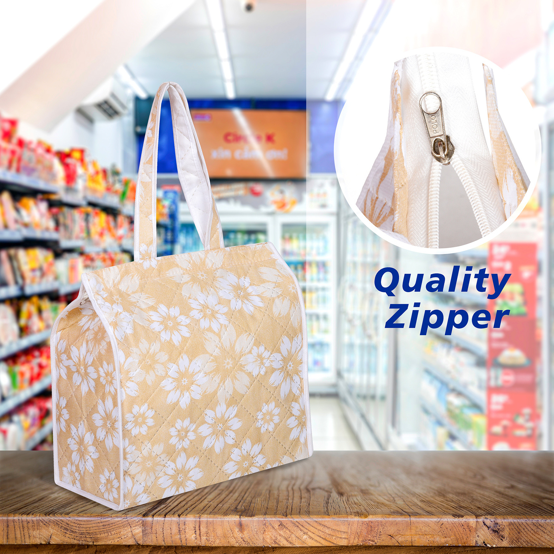 Kuber Industries Shopping Storage Bag  Waterproof Grocery Handbag  Grocery Shopping Bag  Vegetable Handle Bag  Reusable Vegetable Bag  Chain Tote Bags  Flower Quilted  Golden