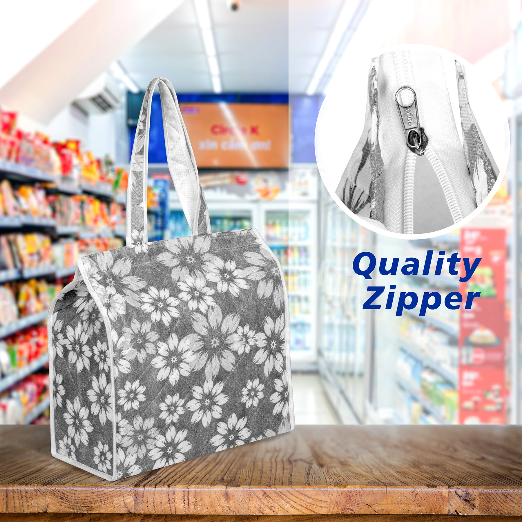 Kuber Industries Shopping Storage Bag | Waterproof Grocery Handbag | Grocery Shopping Bag | Vegetable Handle Bag | Reusable Vegetable Bag | Chain Tote Bags | Flower Quilted | Gray