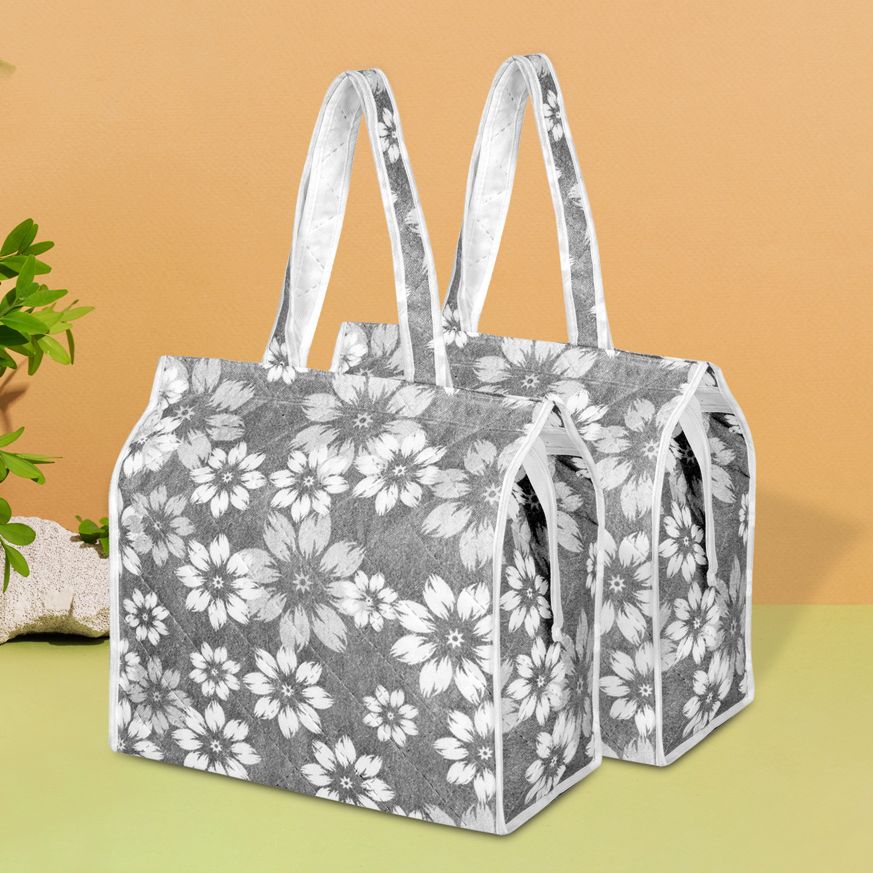Kuber Industries Shopping Storage Bag | Waterproof Grocery Handbag | Grocery Shopping Bag | Vegetable Handle Bag | Reusable Vegetable Bag | Chain Tote Bags | Flower Quilted | Gray