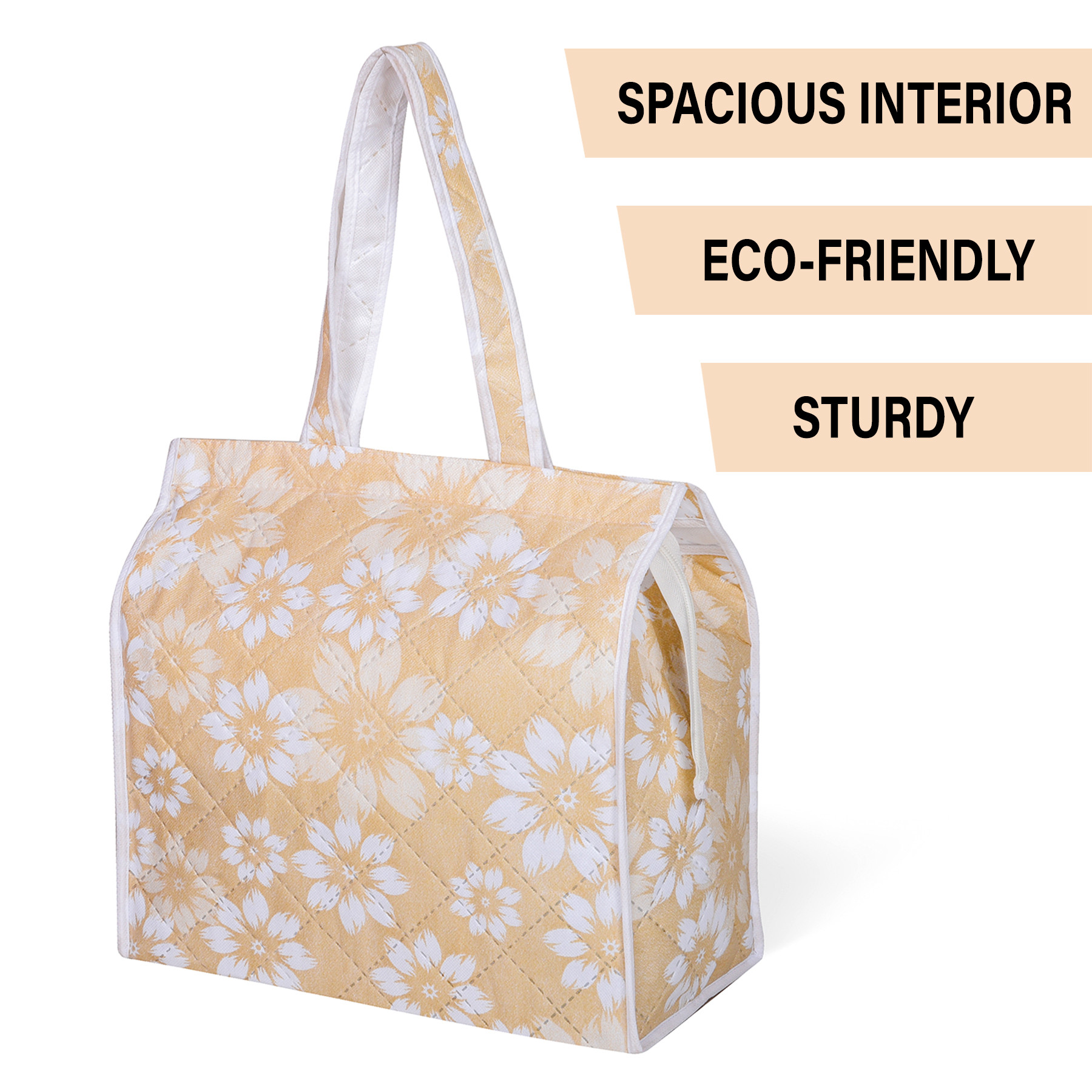 Kuber Industries Shopping Storage Bag | Waterproof Grocery Handbag | Grocery Shopping Bag | Vegetable Handle Bag | Reusable Vegetable Bag | Chain Tote Bags | Flower Quilted | Golden