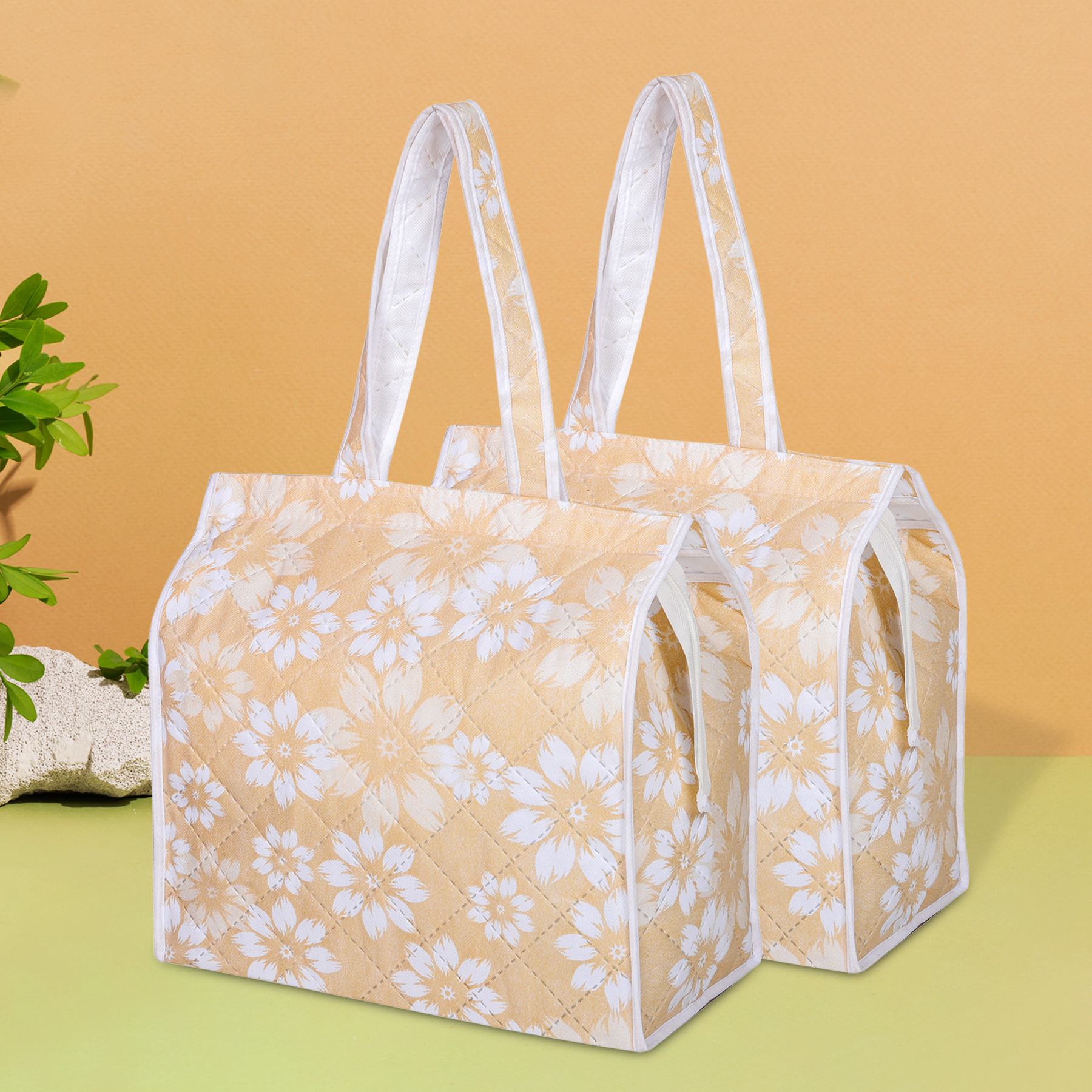 Kuber Industries Shopping Storage Bag | Waterproof Grocery Handbag | Grocery Shopping Bag | Vegetable Handle Bag | Reusable Vegetable Bag | Chain Tote Bags | Flower Quilted | Golden
