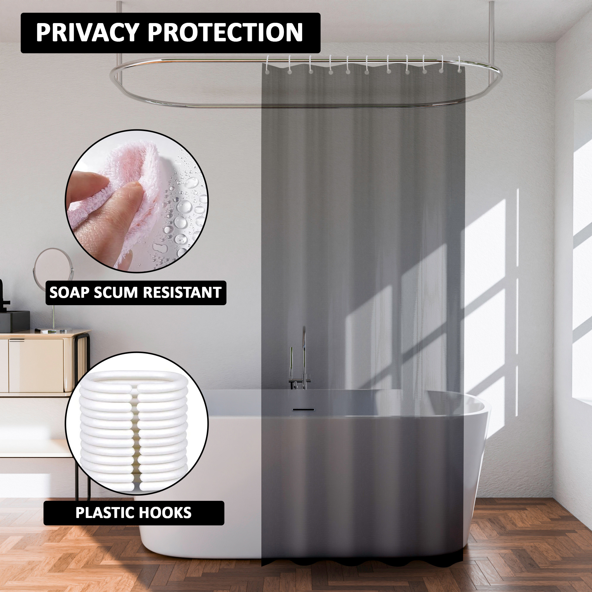 Kuber Industries Shower Curtain    Bathroom Shower Curtain  AC Curtains  PVC Waterproof Window Curtain  Curtains for Bathtub  8 Rings Curtain  Black Transparent