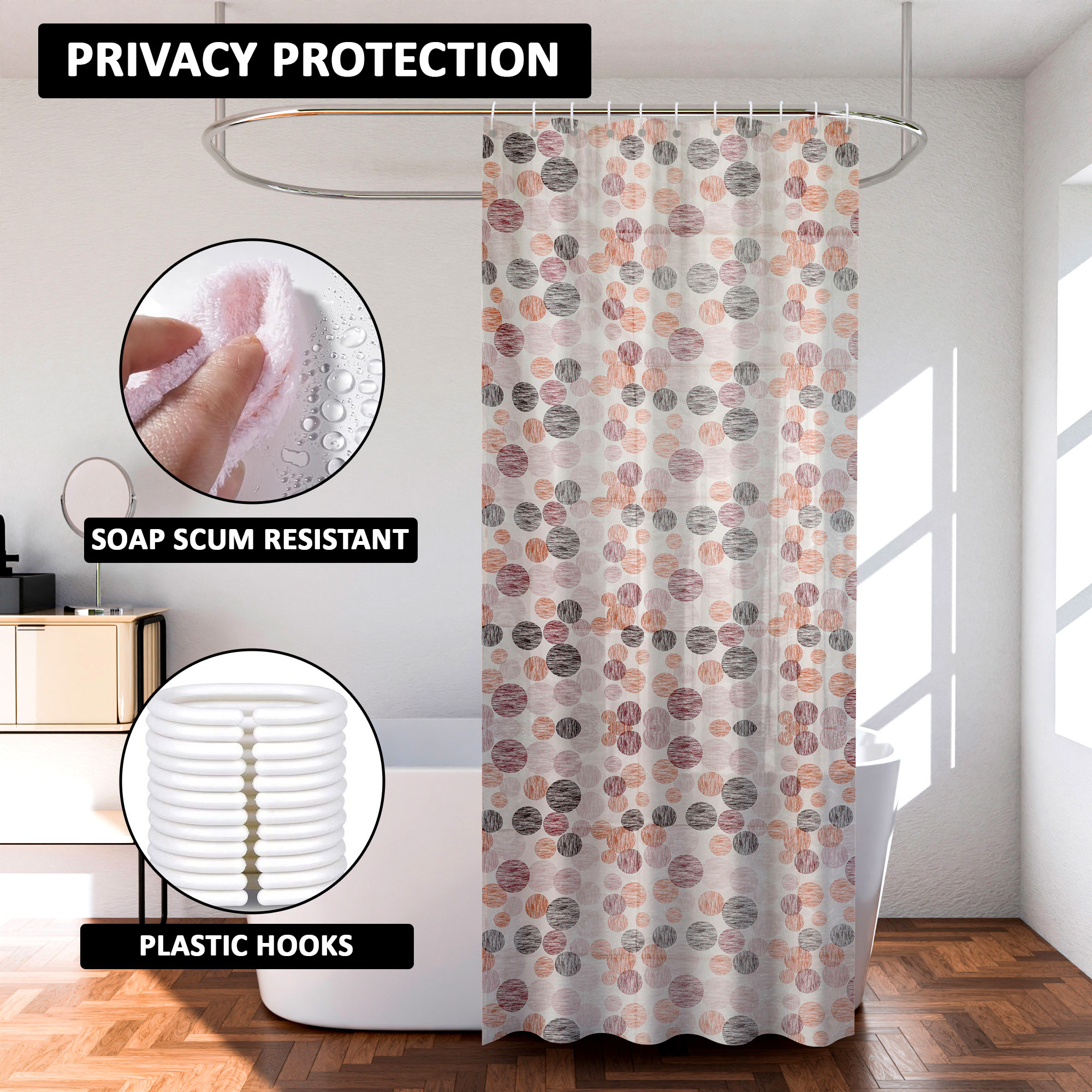 Kuber Industries Shower Curtain  7 Feet  Bathroom Shower Curtain  AC Curtains  PVC Waterproof Window Curtain  Curtains for Bathtub  8 Rings Curtain  Multi Dot  Orange