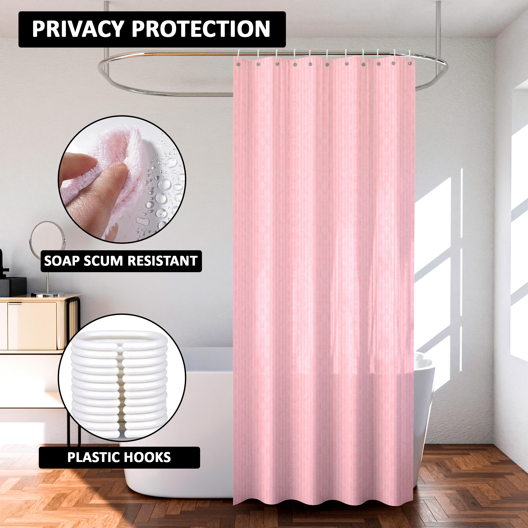 Kuber Industries Shower Curtain  7 Feet  Bathroom Shower Curtain  AC Curtains  PVC Waterproof Window Curtain  Curtains for Bathtub  8 Rings Curtain  Lining  Pink