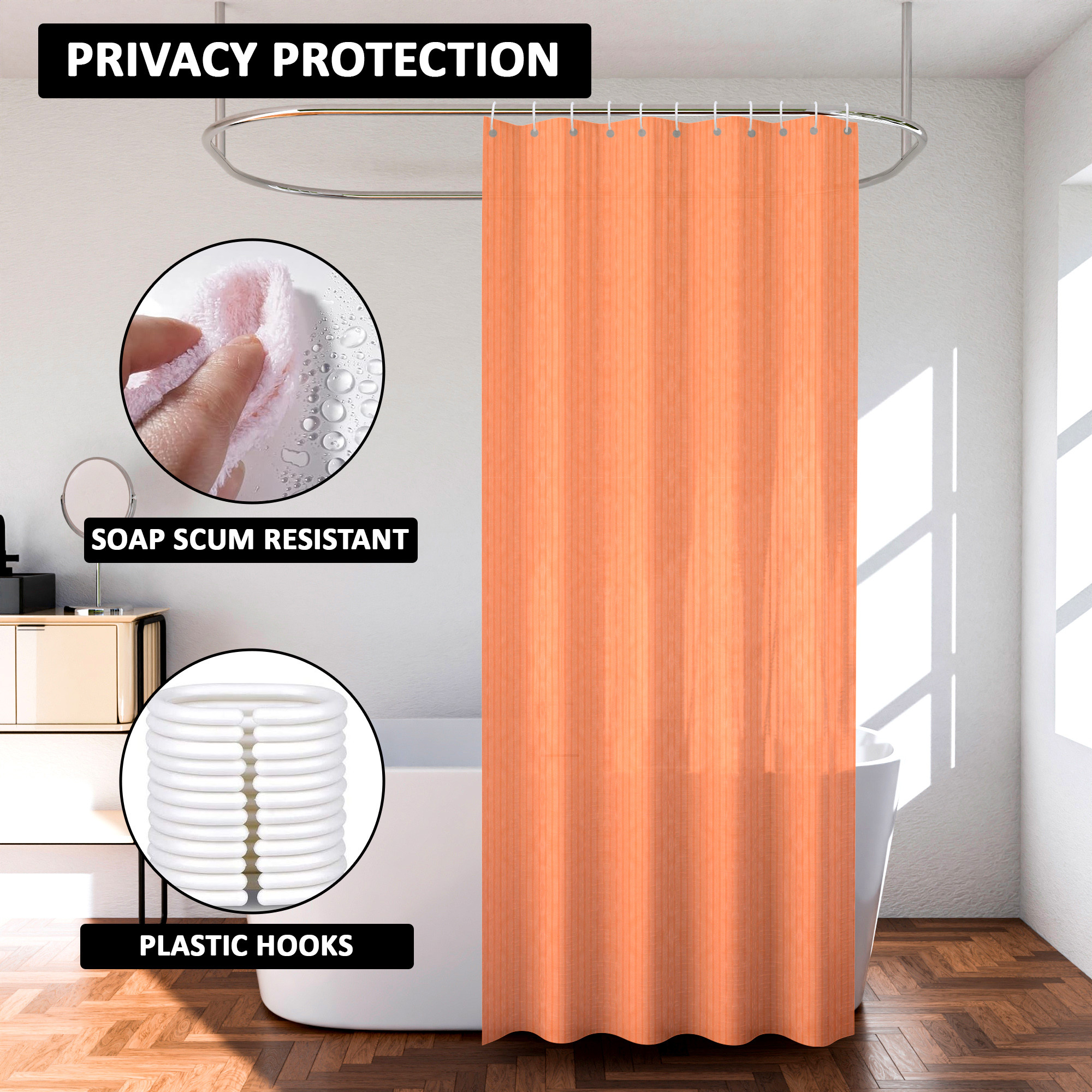 Kuber Industries Shower Curtain  7 Feet  Bathroom Shower Curtain  AC Curtains  PVC Waterproof Window Curtain  Curtains for Bathtub  8 Rings Curtain  Lining  Orange