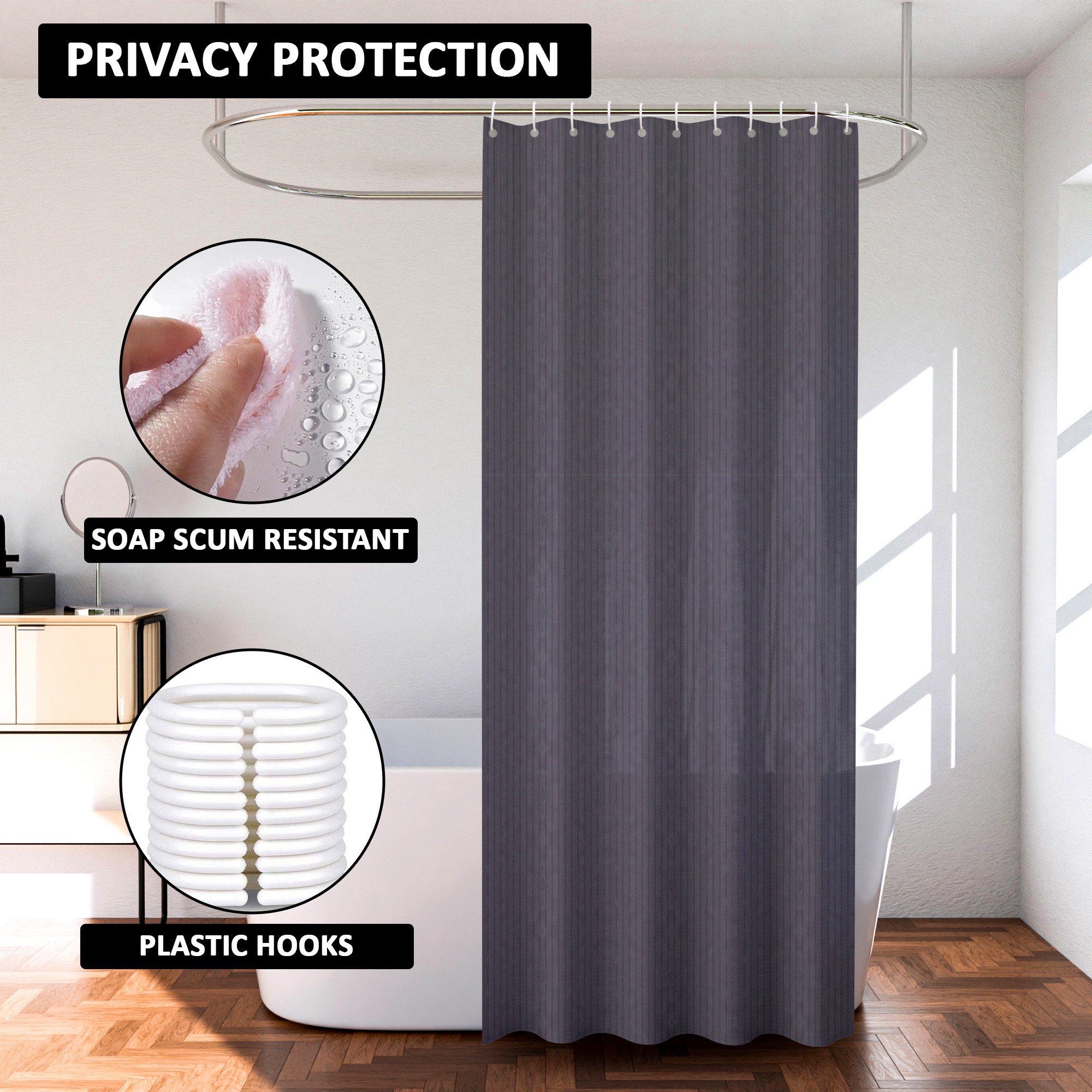 Kuber Industries Shower Curtain  7 Feet  Bathroom Shower Curtain  AC Curtains  PVC Waterproof Window Curtain  Curtains for Bathtub  8 Rings Curtain  Lining  Grey