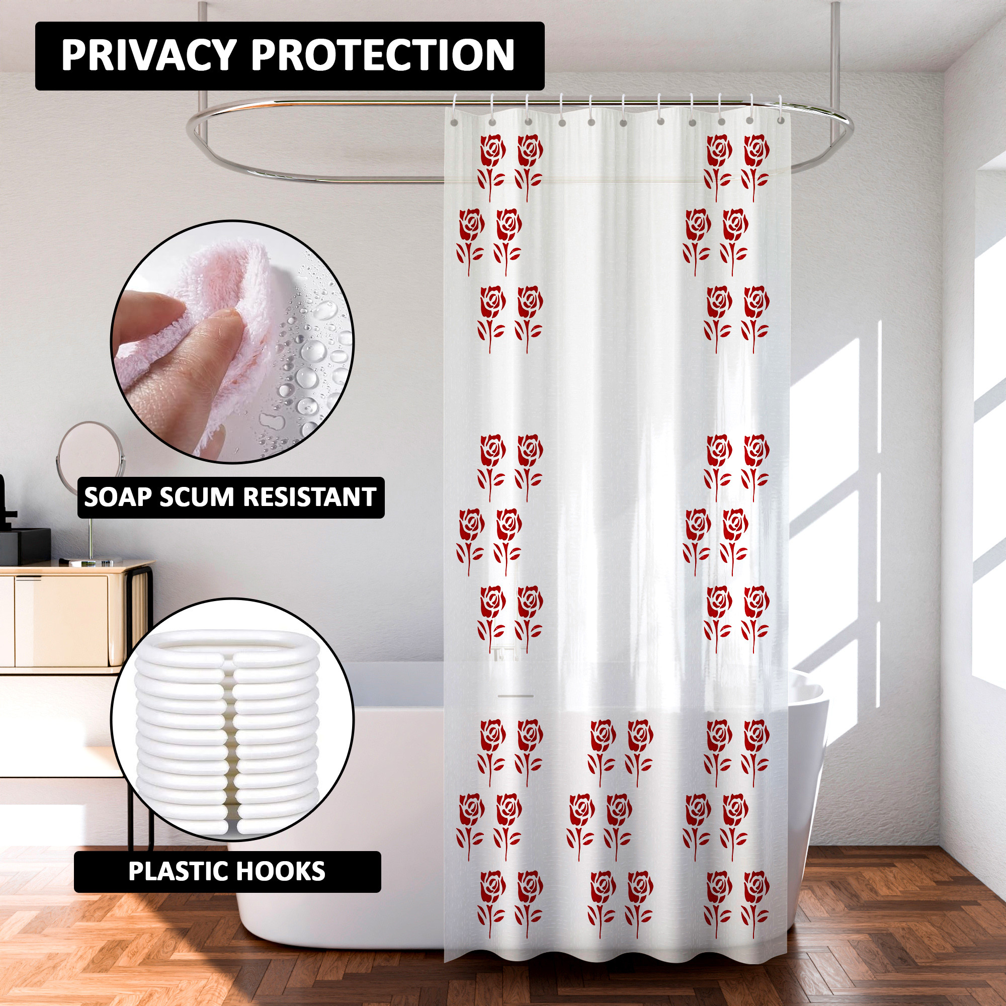 Kuber Industries Shower Curtain  7 Feet  Bathroom Shower Curtain  AC Curtains  PVC Waterproof Window Curtain  Curtains for Bathtub  8 Rings Curtain  Red Painting  Transparent