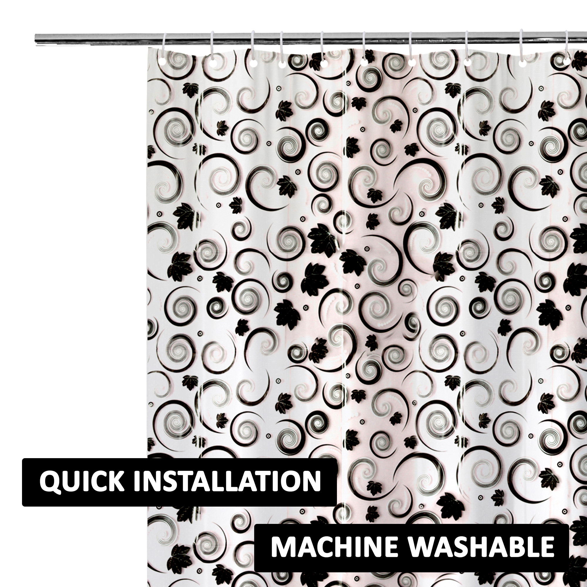 Kuber Industries Shower Curtain  7 Feet  Bathroom Shower Curtain  AC Curtains  PVC Waterproof Window Curtain  Curtains for Bathtub  8 Rings Curtain  3D Spiral  Black