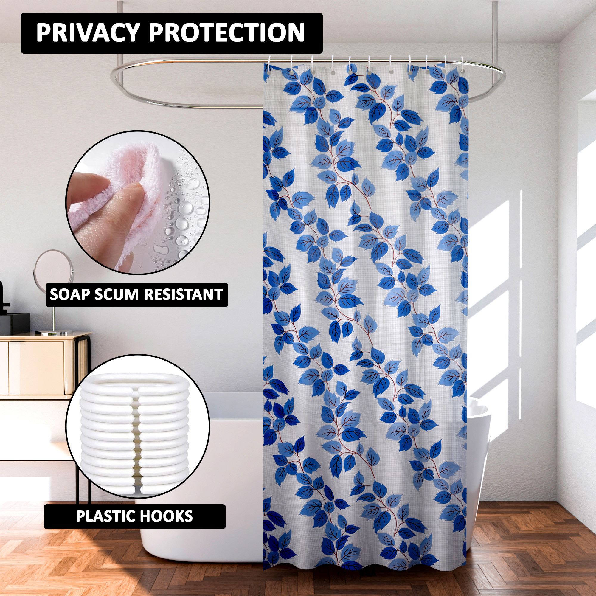 Kuber Industries Shower Curtain  7 Feet  Bathroom Shower Curtain  AC Curtains  PVC Waterproof Window Curtain  Curtains for Bathtub  8 Rings Curtain  Leaf Print  Blue