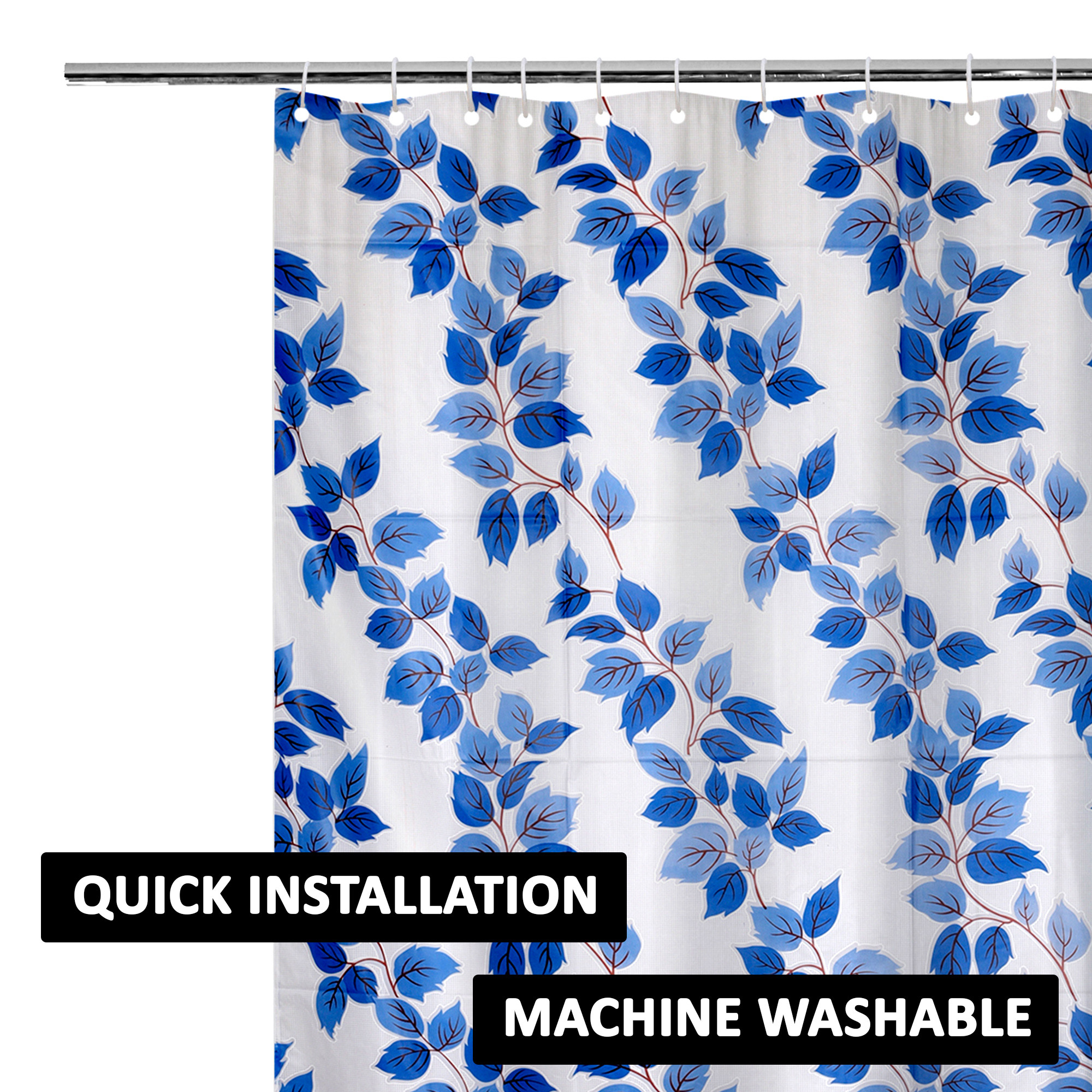 Kuber Industries Shower Curtain  7 Feet  Bathroom Shower Curtain  AC Curtains  PVC Waterproof Window Curtain  Curtains for Bathtub  8 Rings Curtain  Leaf Print  Blue
