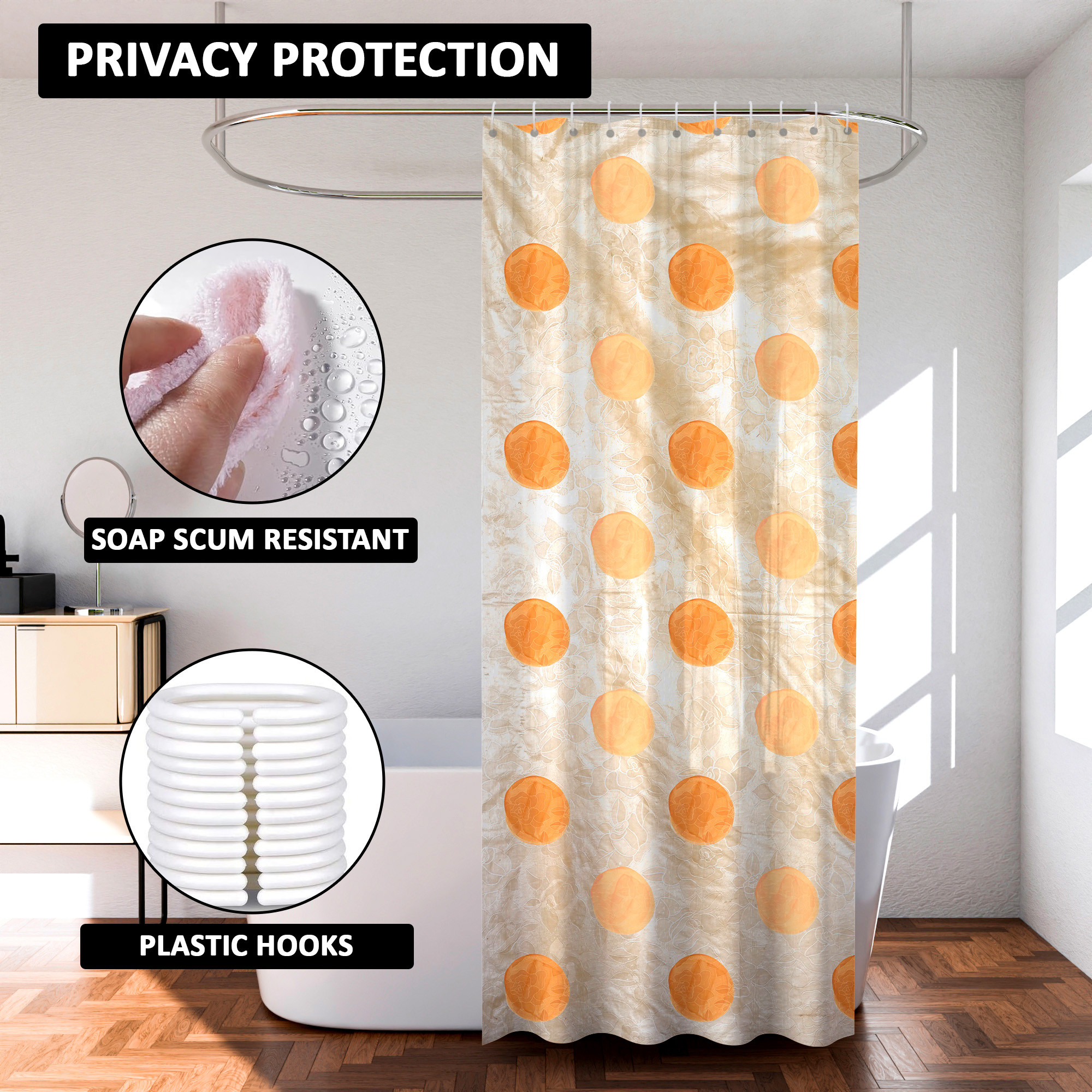 Kuber Industries Shower Curtain  7 Feet  Bathroom Shower Curtain  AC Curtains  PVC Waterproof Window Curtain  Curtains for Bathtub  8 Rings Curtain  Dot Painting  Golden