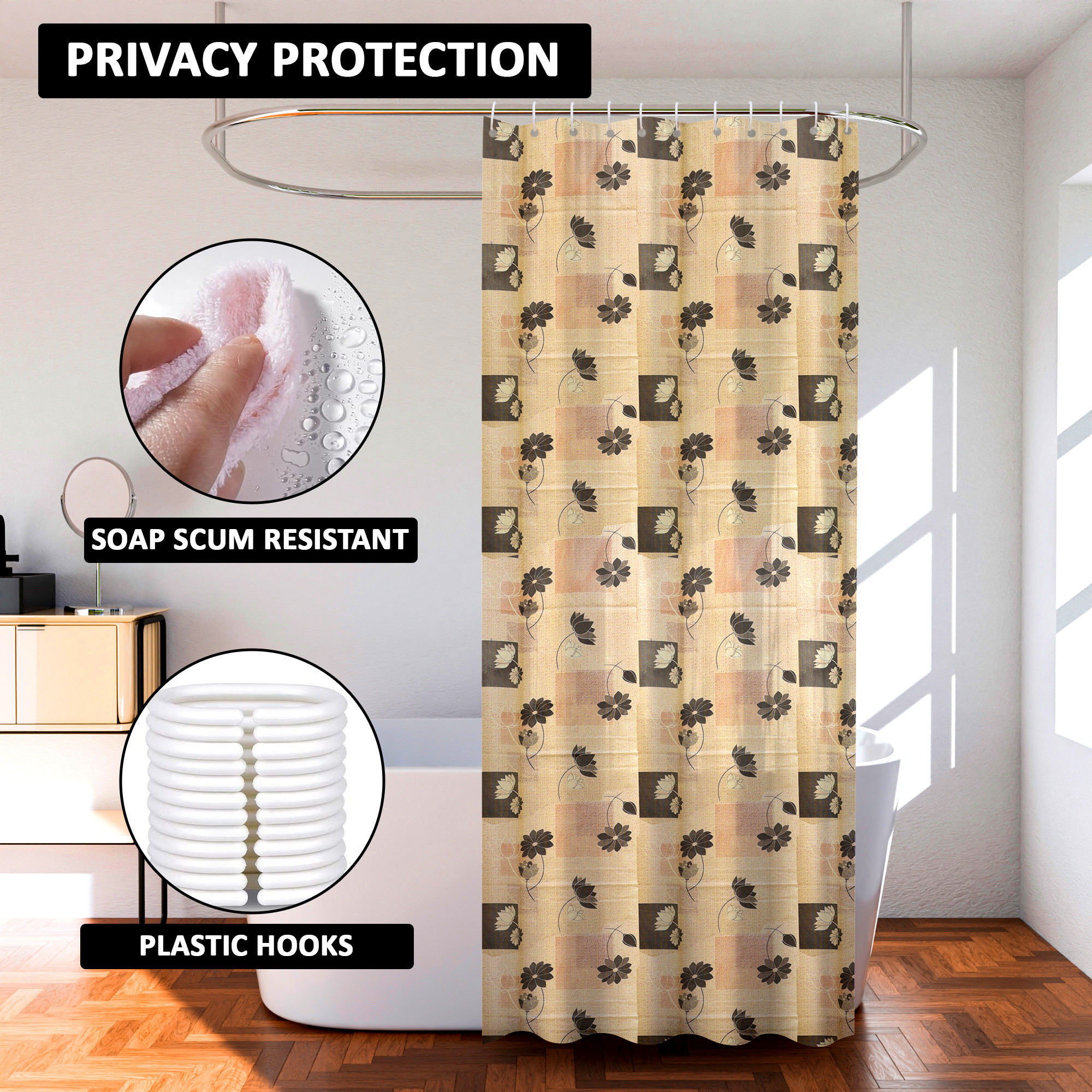 Kuber Industries Shower Curtain  7 Feet  Bathroom Shower Curtain  AC Curtains  PVC Waterproof Window Curtain  Curtains for Bathtub  8 Rings Curtain  Black Gulab  Beige