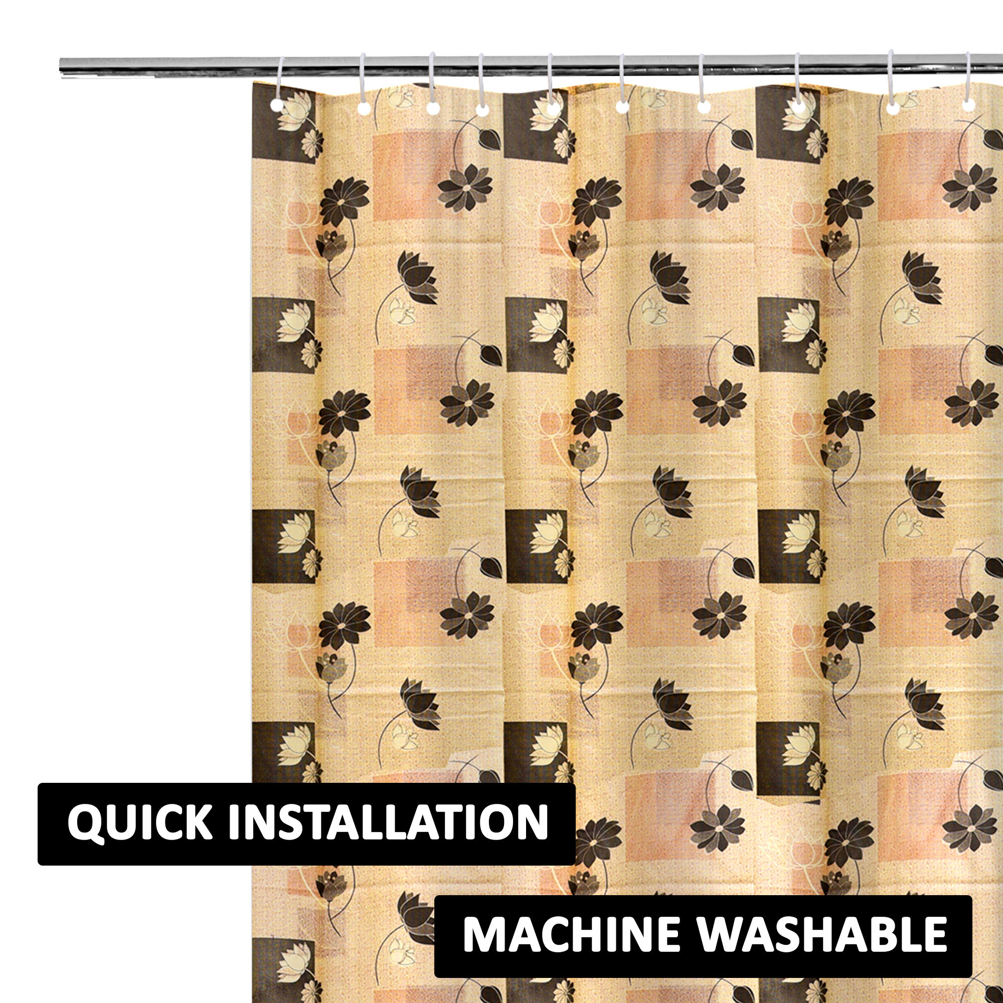 Kuber Industries Shower Curtain  7 Feet  Bathroom Shower Curtain  AC Curtains  PVC Waterproof Window Curtain  Curtains for Bathtub  8 Rings Curtain  Black Gulab  Beige