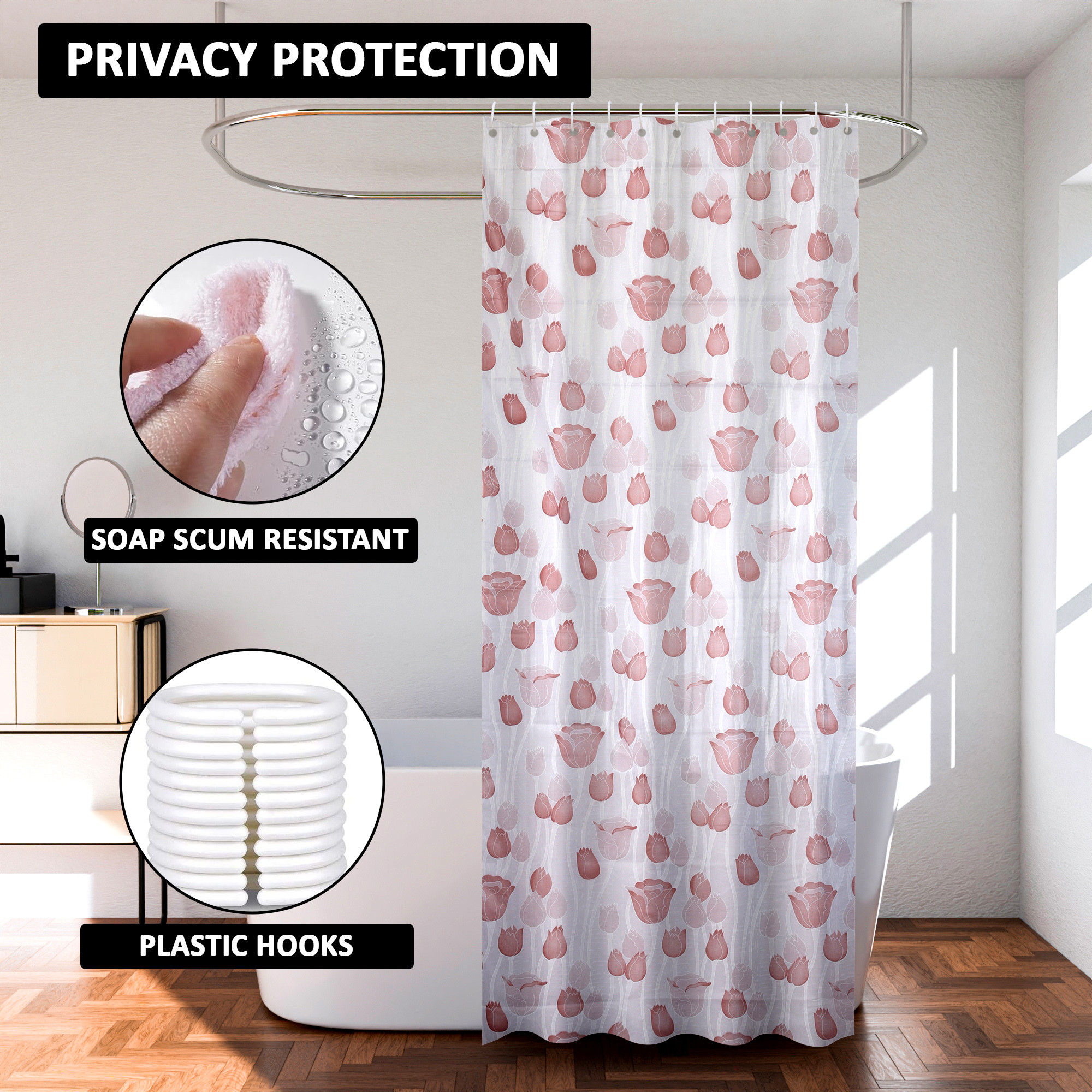 Kuber Industries Shower Curtain  7 Feet  Bathroom Shower Curtain  AC Curtains  PVC Waterproof Window Curtain  Curtains for Bathtub  8 Rings Curtain  Brown Gulab  Blury Transparent