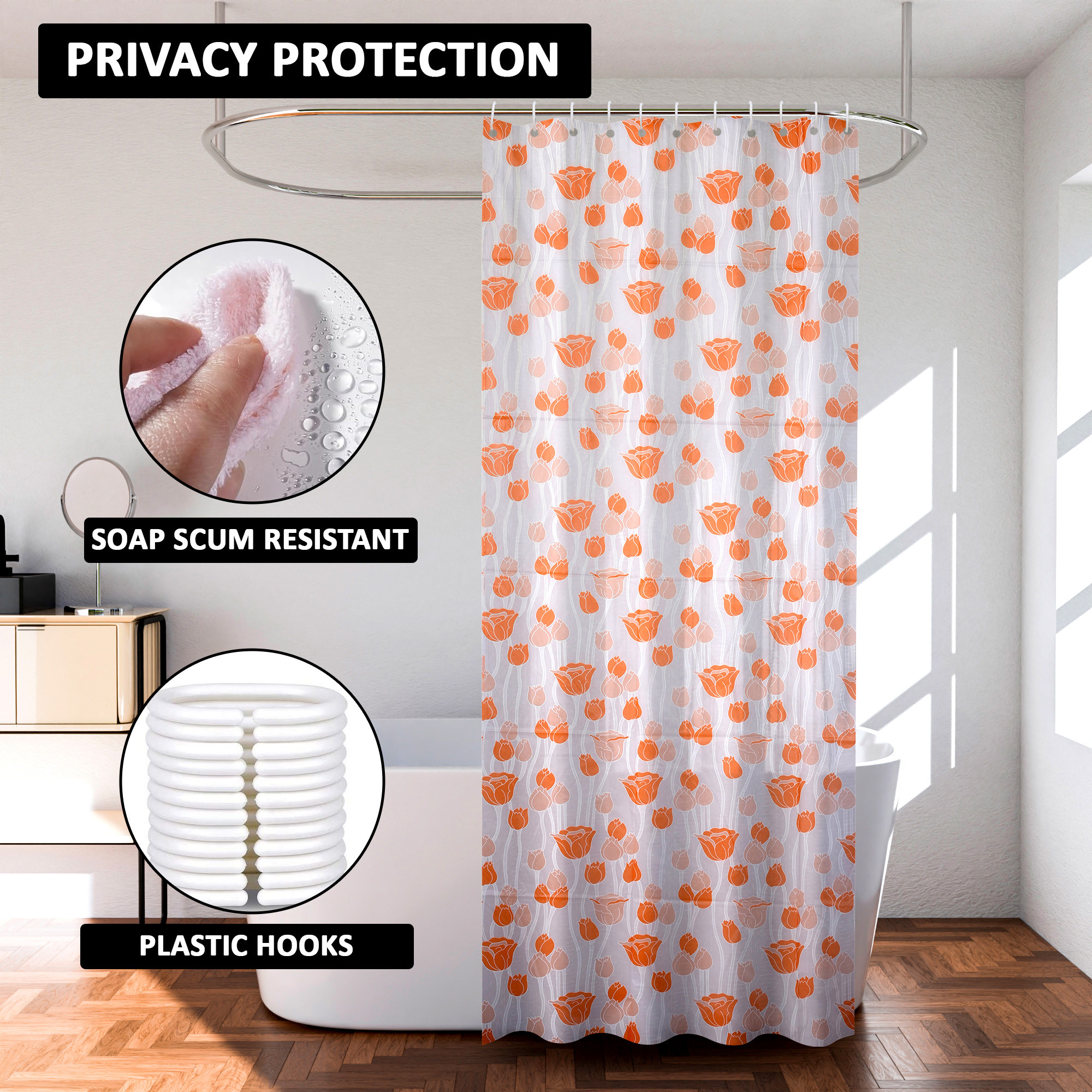 Kuber Industries Shower Curtain  7 Feet  Bathroom Shower Curtain  AC Curtains  PVC Waterproof Window Curtain  Curtains for Bathtub  8 Rings Curtain  Orange Gulab  Blury Transparent