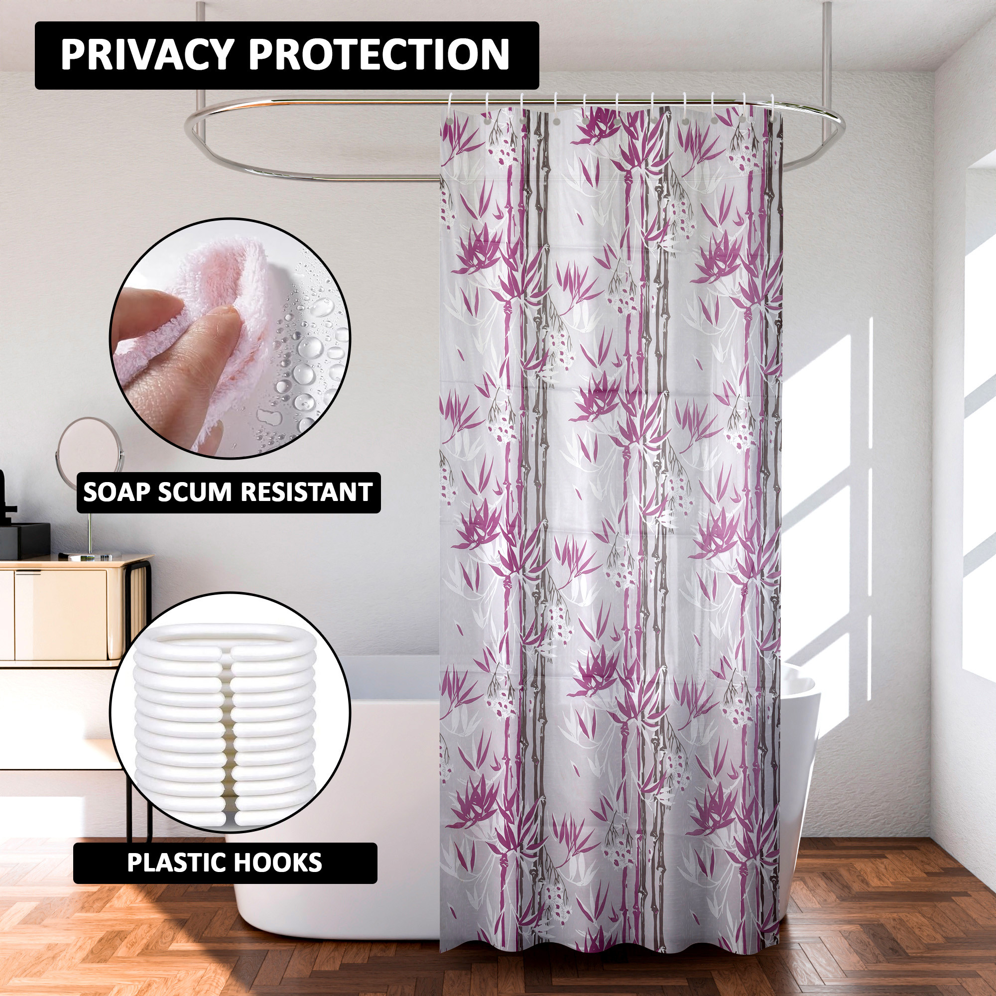 Kuber Industries Shower Curtain  7 Feet  Bathroom Shower Curtain  AC Curtains  PVC Waterproof Window Curtain  Curtains for Bathtub  8 Rings Curtain  Bamboo Print  Purple