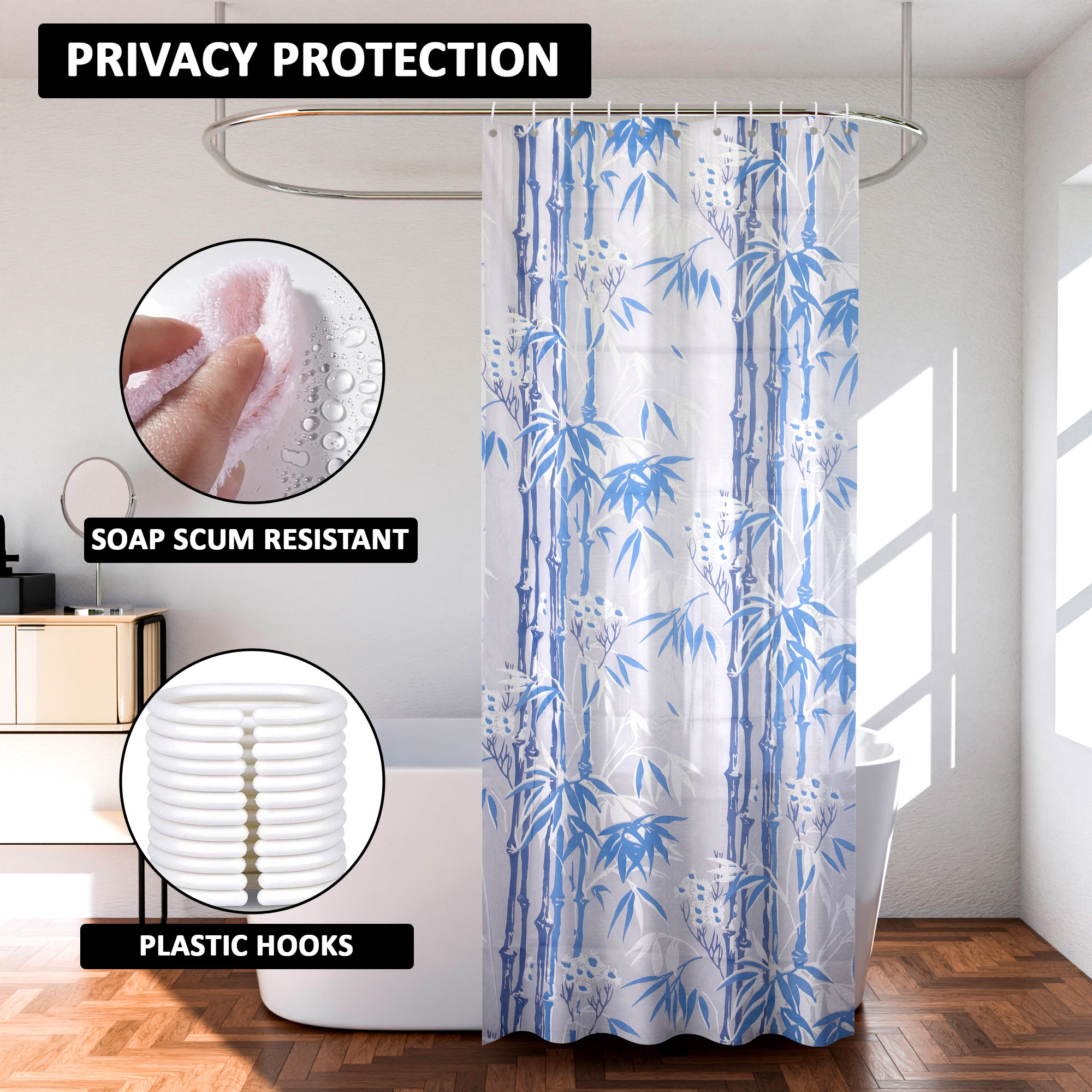 Kuber Industries Shower Curtain  7 Feet  Bathroom Shower Curtain  AC Curtains  PVC Waterproof Window Curtain  Curtains for Bathtub  8 Rings Curtain  Bamboo Print  Blue