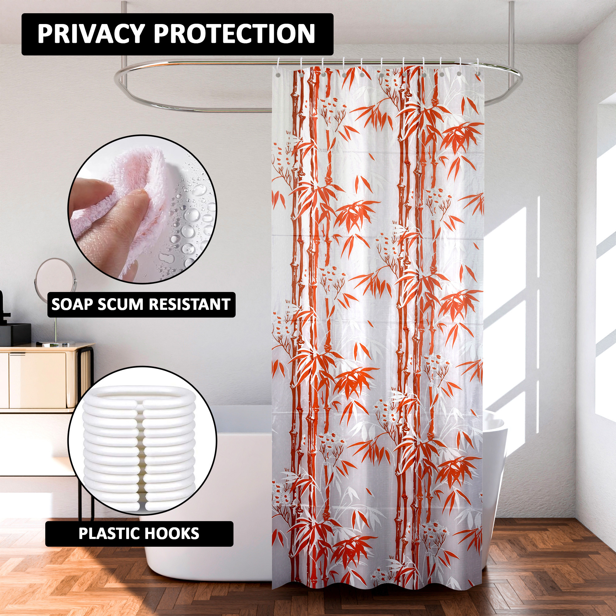 Kuber Industries Shower Curtain  7 Feet  Bathroom Shower Curtain  AC Curtains  PVC Waterproof Window Curtain  Curtains for Bathtub  8 Rings Curtain  Bamboo Print  Orange