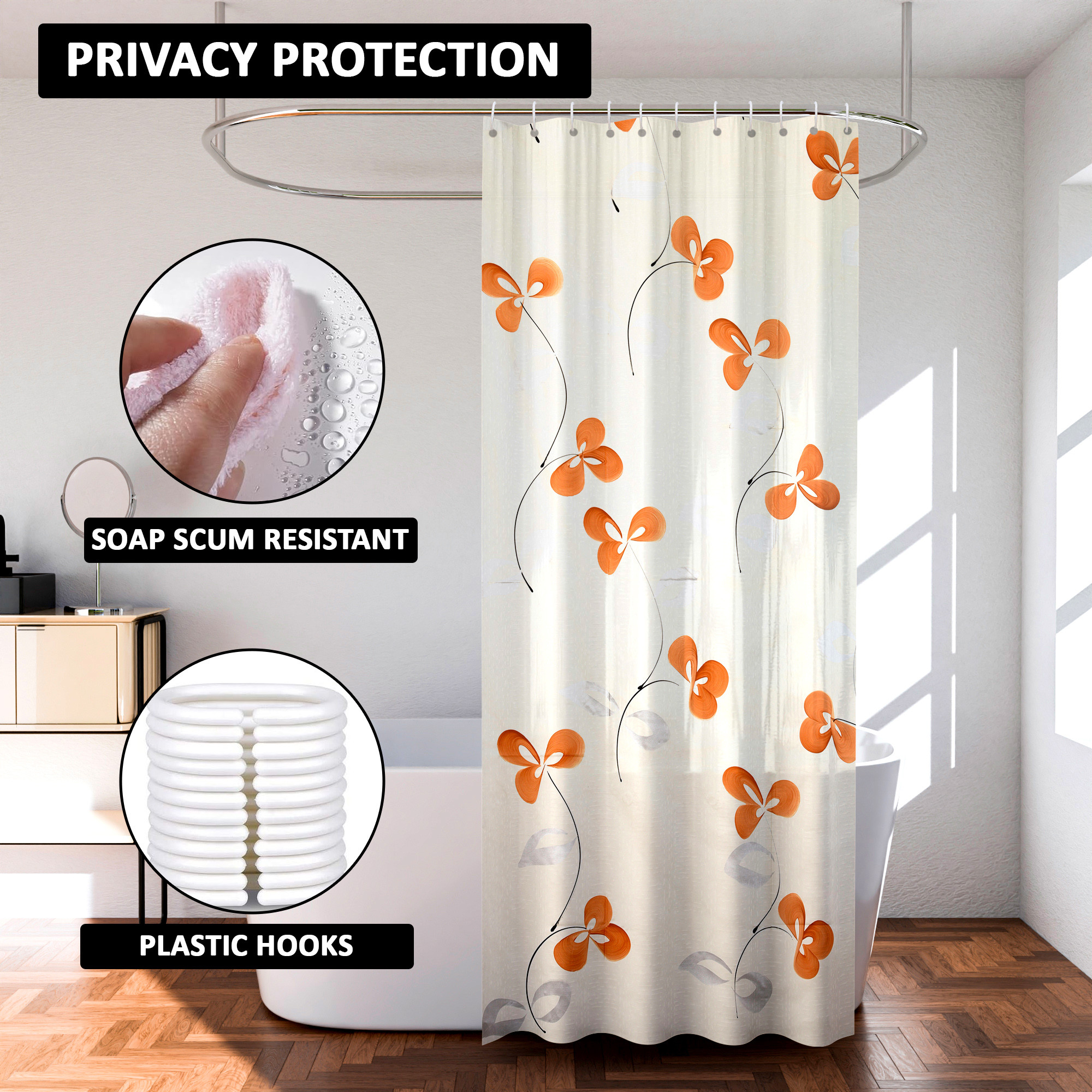 Kuber Industries Shower Curtain  7 Feet  Bathroom Shower Curtain  AC Curtains  PVC Waterproof Window Curtain  Curtains for Bathtub  8 Rings Curtain  Painting  Cream