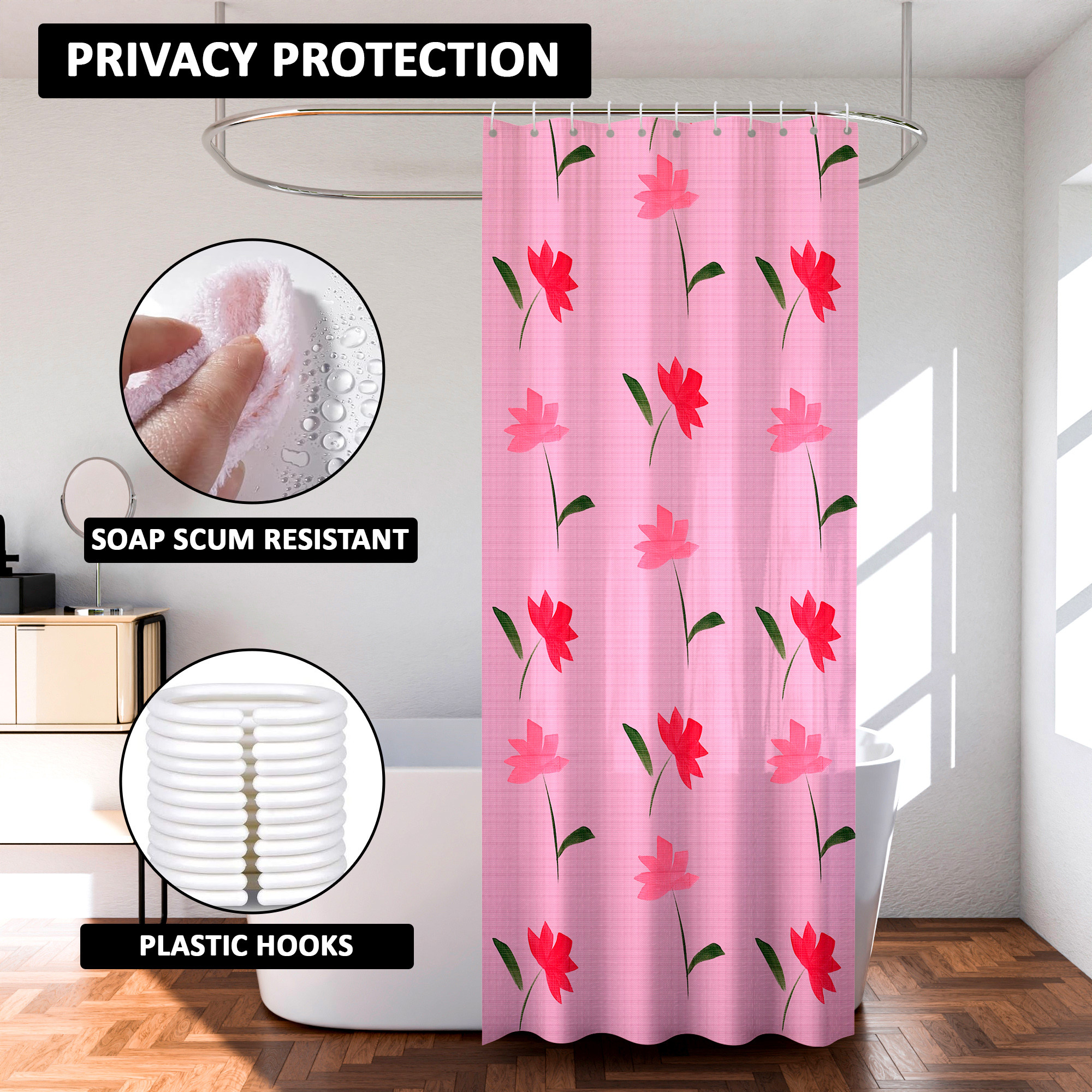 Kuber Industries Shower Curtain  7 Feet  Bathroom Shower Curtain  AC Curtains  PVC Waterproof Window Curtain  Curtains for Bathtub  8 Rings Curtain  Painting  Pink