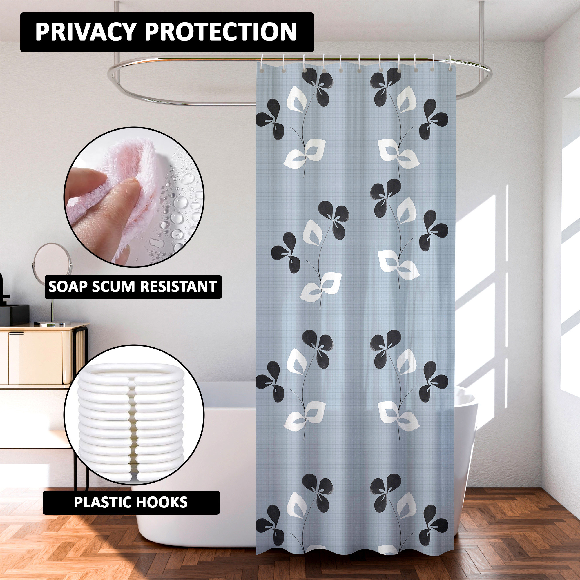 Kuber Industries Shower Curtain  7 Feet  Bathroom Shower Curtain  AC Curtains  PVC Waterproof Window Curtain  Curtains for Bathtub  8 Rings Curtain  Painting  Grey