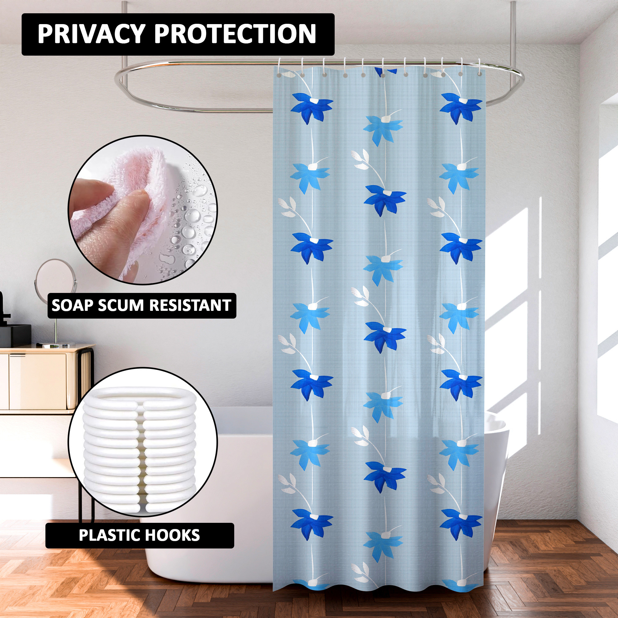 Kuber Industries Shower Curtain  7 Feet  Bathroom Shower Curtain  AC Curtains  PVC Waterproof Window Curtain  Curtains for Bathtub  8 Rings Curtain  Painting  Sky Blue