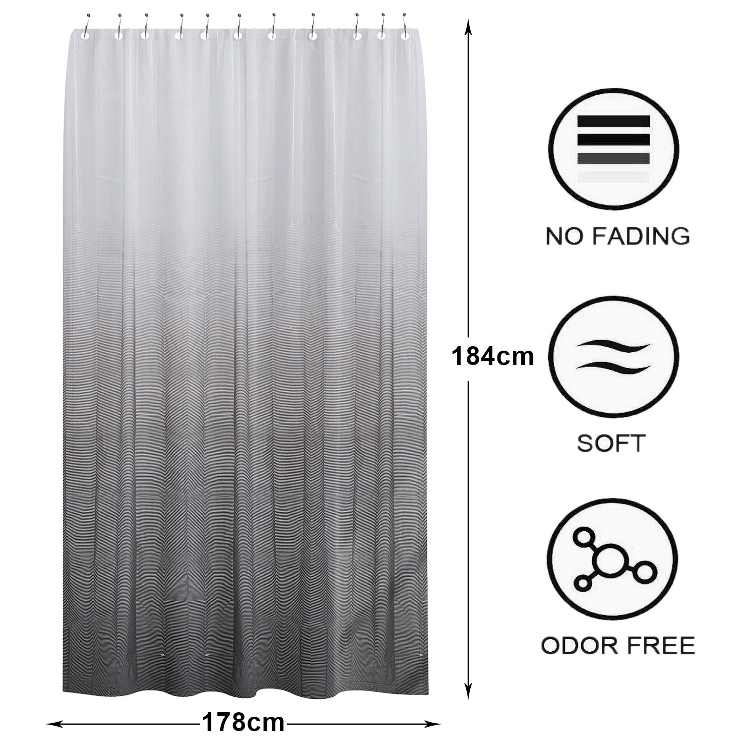 Kuber Industries Shower Curtain | Odette Design PEVA Curtain for Bathroom | Shower Curtain for Bathroom | Bathroom Shower Curtain with Hooks | 6 Feet | Gray
