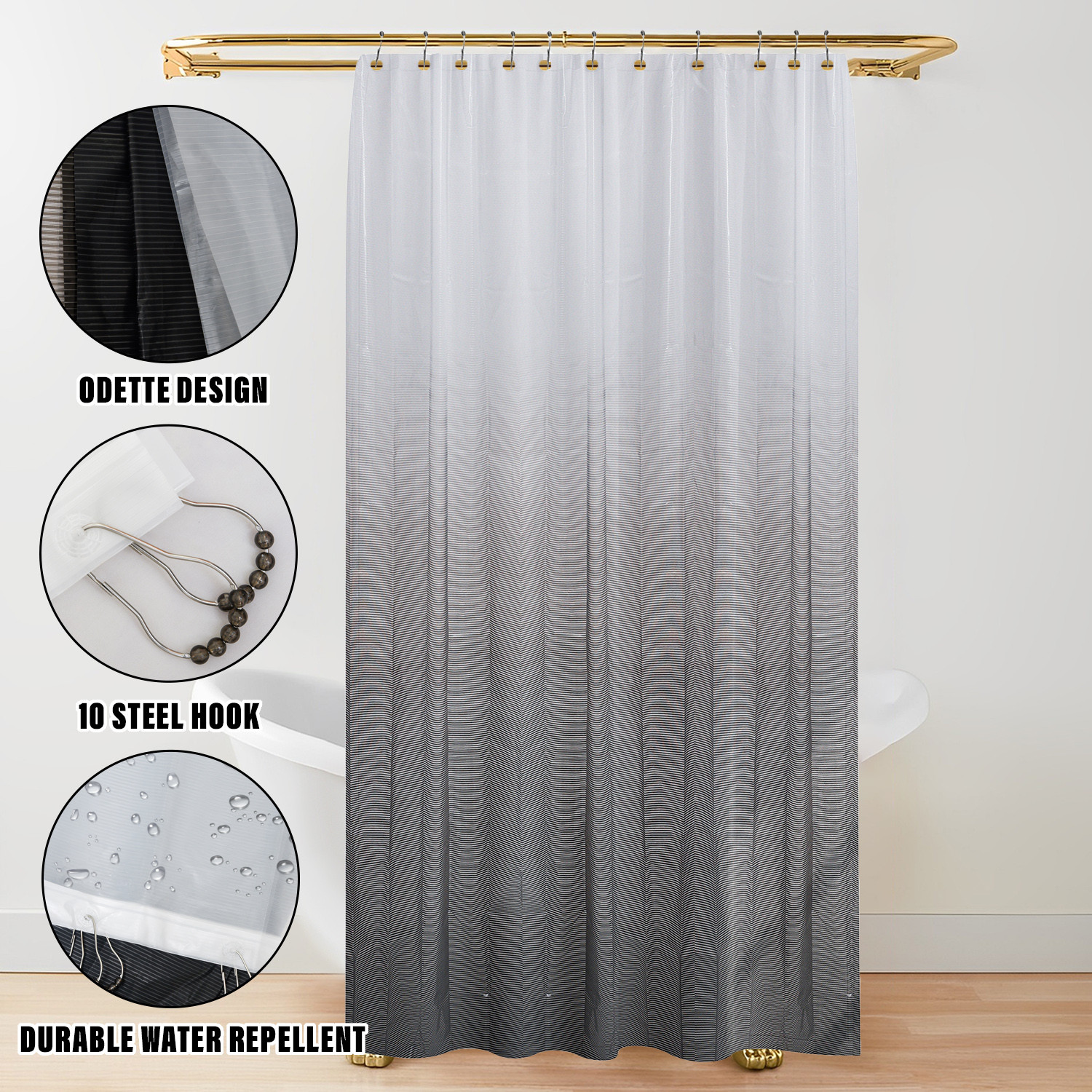 Kuber Industries Shower Curtain | Odette Design PEVA Curtain for Bathroom | Shower Curtain for Bathroom | Bathroom Shower Curtain with Hooks | 6 Feet | Gray