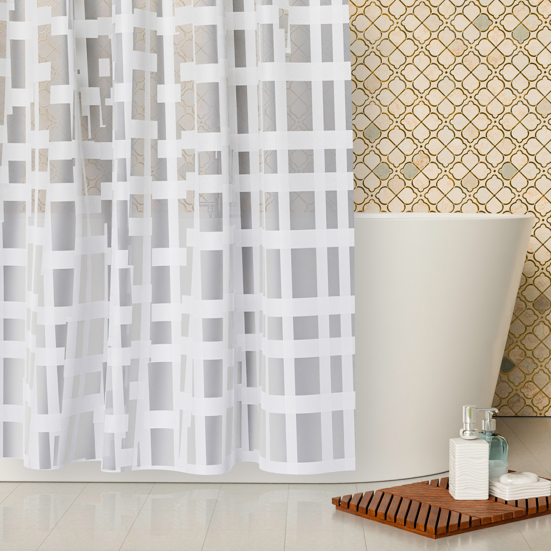 Kuber Industries Shower Curtain  PVC Shower Curtain with Hooks  Shower Curtain for Bathroom  AC Shower Curtain  Self Check Bathroom Shower Curtain  7 Feet  White