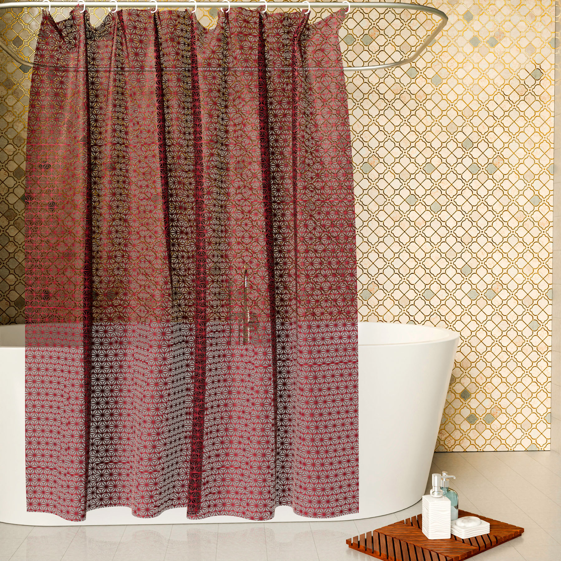 Kuber Industries Shower Curtain | PVC Shower Curtain with Hooks | Shower Curtain for Bathroom | AC Shower Curtain | Self Star Bathroom Shower Curtain | 7 Feet | Brown