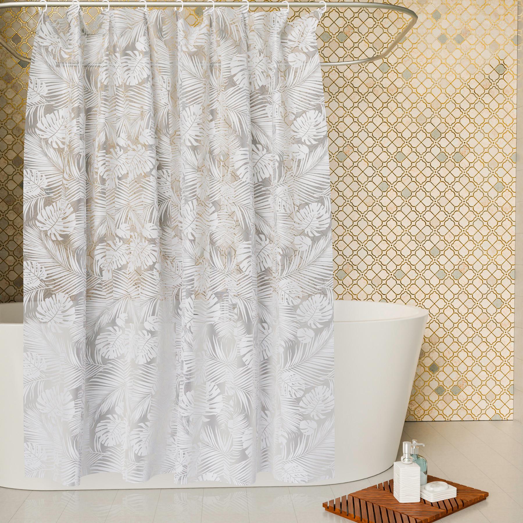 Kuber Industries Shower Curtain | PVC Shower Curtain with Hooks | Shower Curtain for Bathroom | AC Shower Curtain | Self Leaf Bathroom Shower Curtain | 7 Feet | White