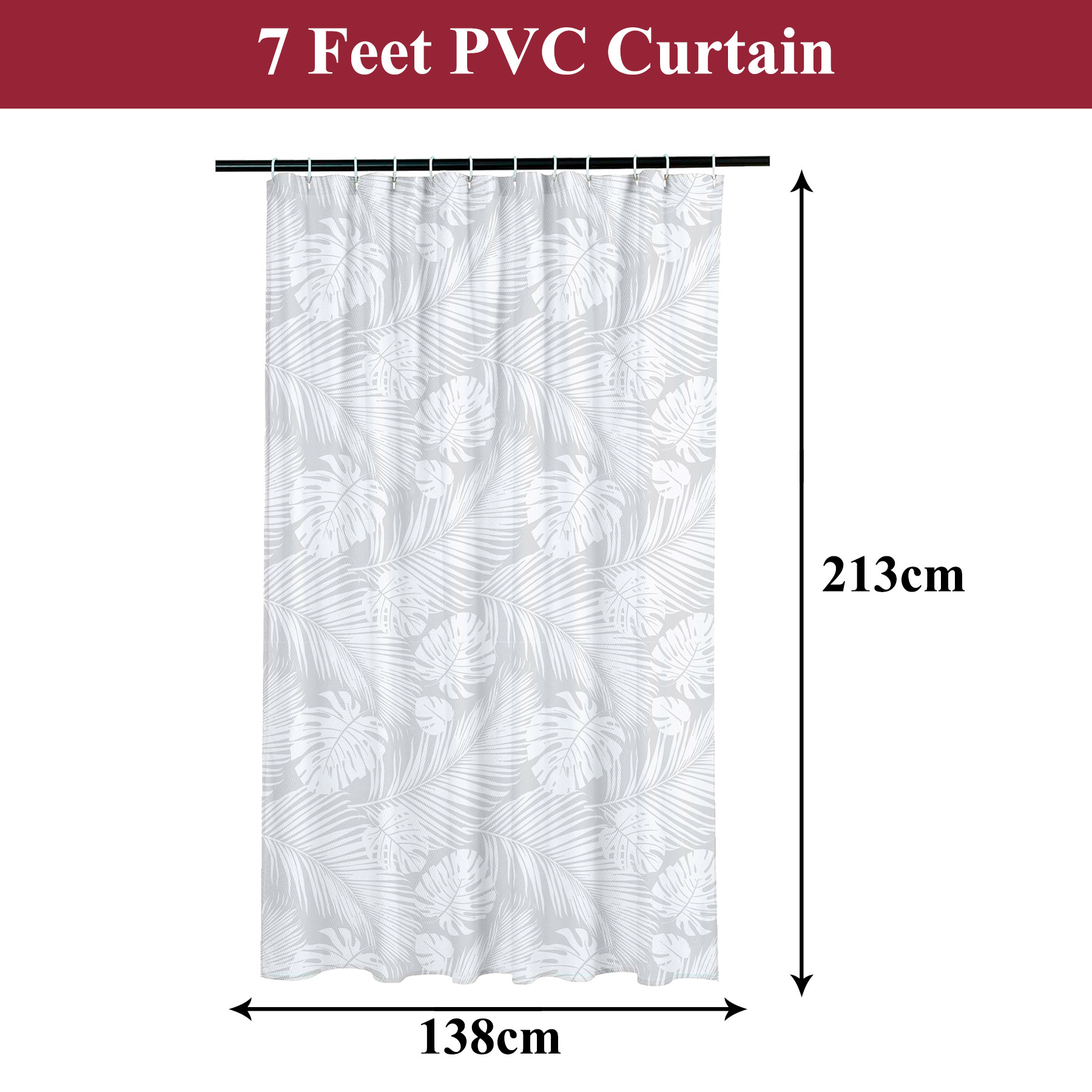 Kuber Industries Shower Curtain | PVC Shower Curtain with Hooks | Shower Curtain for Bathroom | AC Shower Curtain | Self Leaf Bathroom Shower Curtain | 7 Feet | White